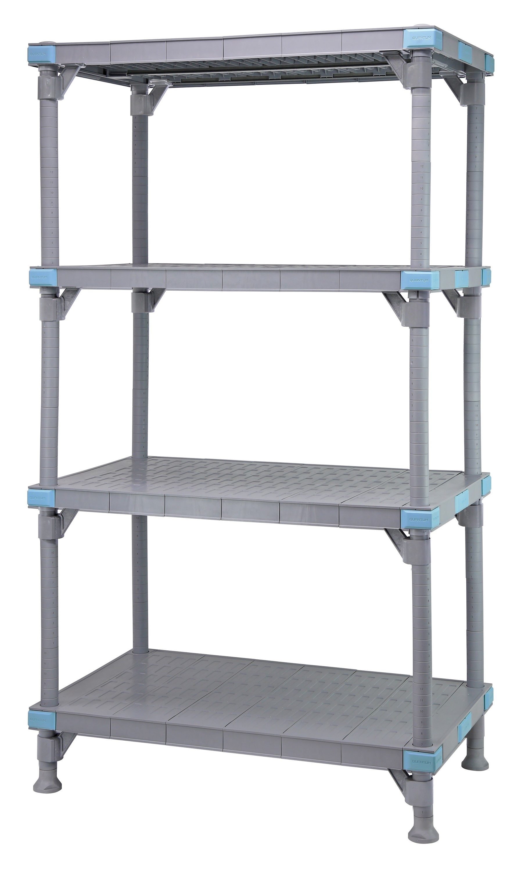 Quantum Storage Systems Millenia Shelving Unit, 60"W X 18"D X 62"H, Includes: (4) Solid Shelves With Removable Shelf Mats, (4) Posts And Dunnage Stand, Gray Finish, NSF, Made In USA