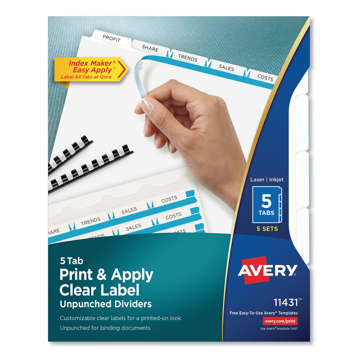Avery® Print and Apply Index Maker Clear Label Unpunched Dividers, 5Tab, Letter, 5 Sets