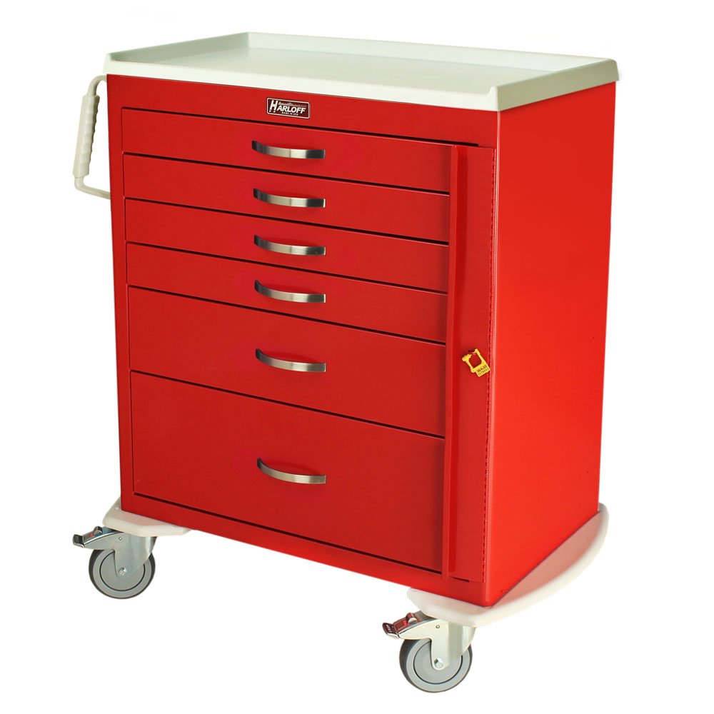 Red M-Series Standard Width Emergency Crash Cart, Medium Height, Six Drawers, Breakaway Lock