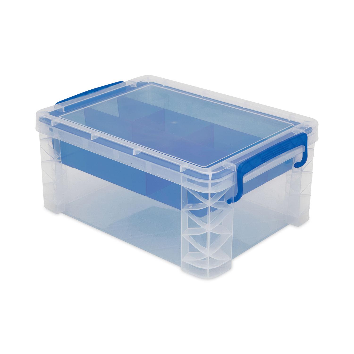 Advantus Super Stacker Divided Storage Box, Clear w/Blue Tray/Handles, 10.3 x 14.25x 6.5