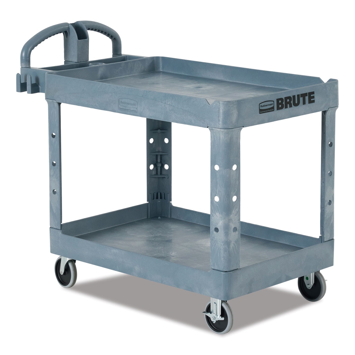 "BRUTE Heavy-Duty Ergo Handle Utility Cart, Plastic, 2 Shelves, 750 lb Capacity, 26" x 55" x 33.25", Gray"