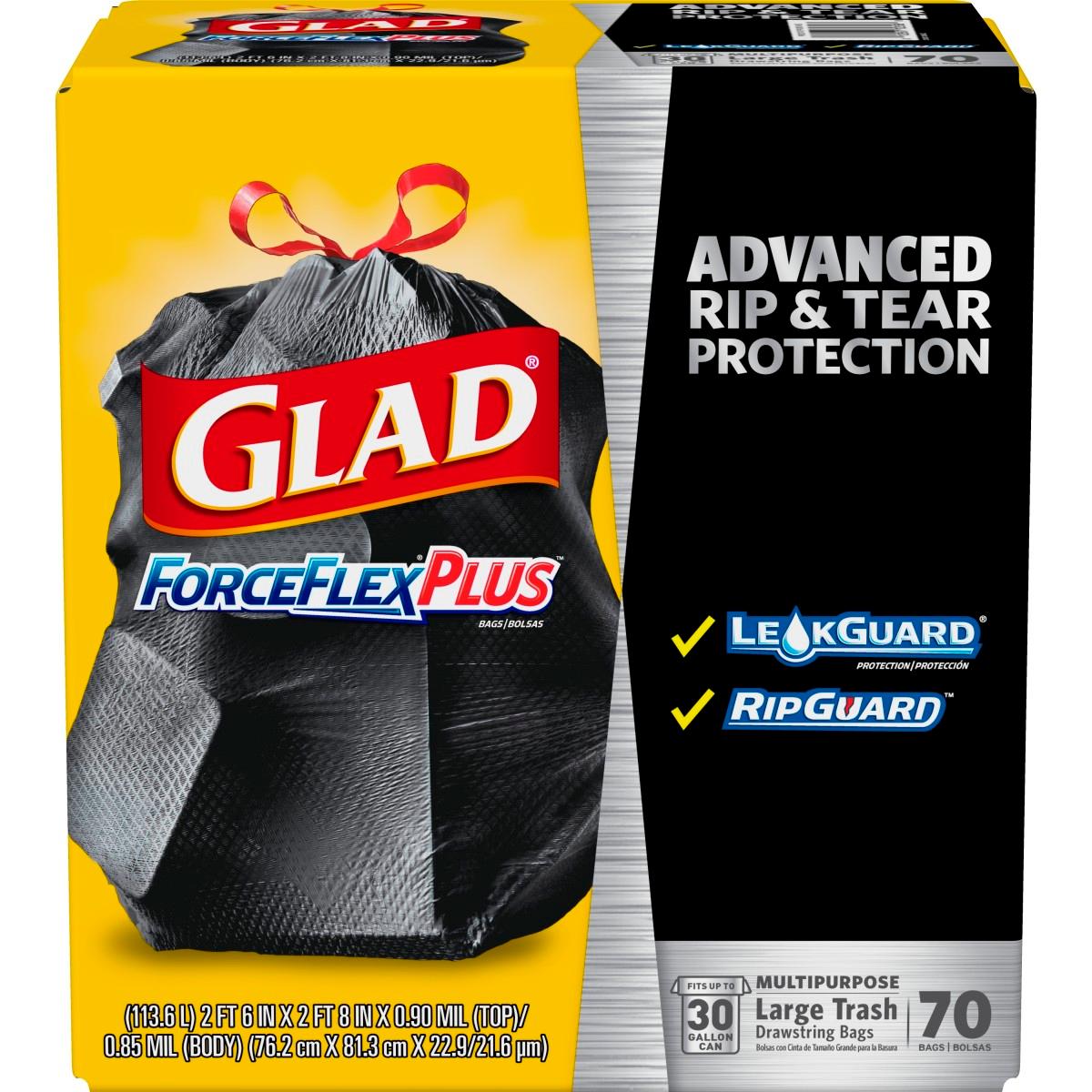 Glad® Glad Large Drawstring Trash Bags, ForceFlexPlus 30 Gallon Black Trash Bag, 70 Count (70358)