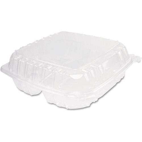 Large 3-Section Clear Polystyrene Hinged Carryout Container - 9 1/2L x 9  1/2W x 3H