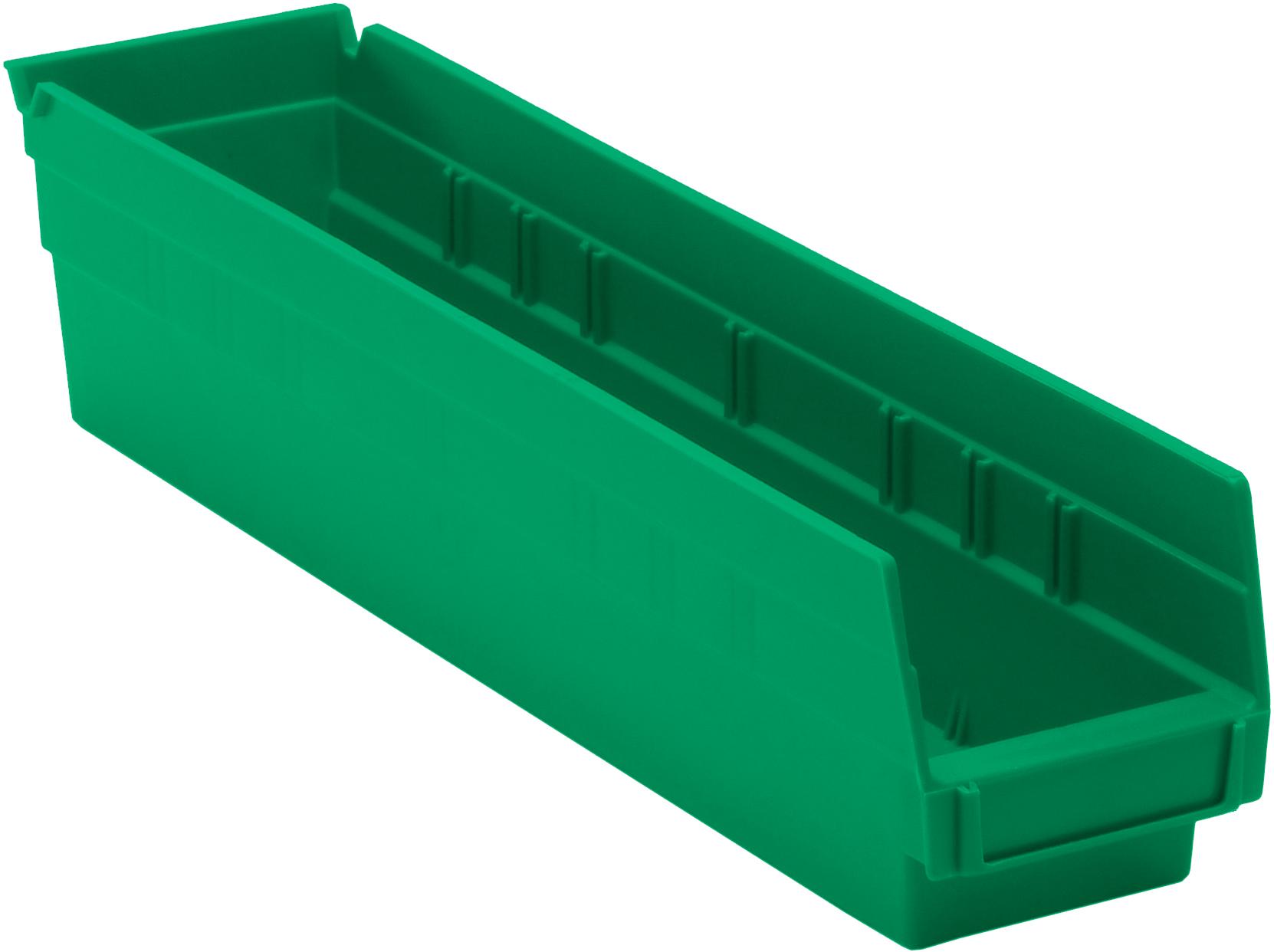 Economy Shelf Bin, Nesting, 17-7/8"W x 4-1/8"D x 4"H, Includes (7) divider slots, Rear hanglock, Molded-in label holder, Bin Color Green, Made in USA, Case of 20