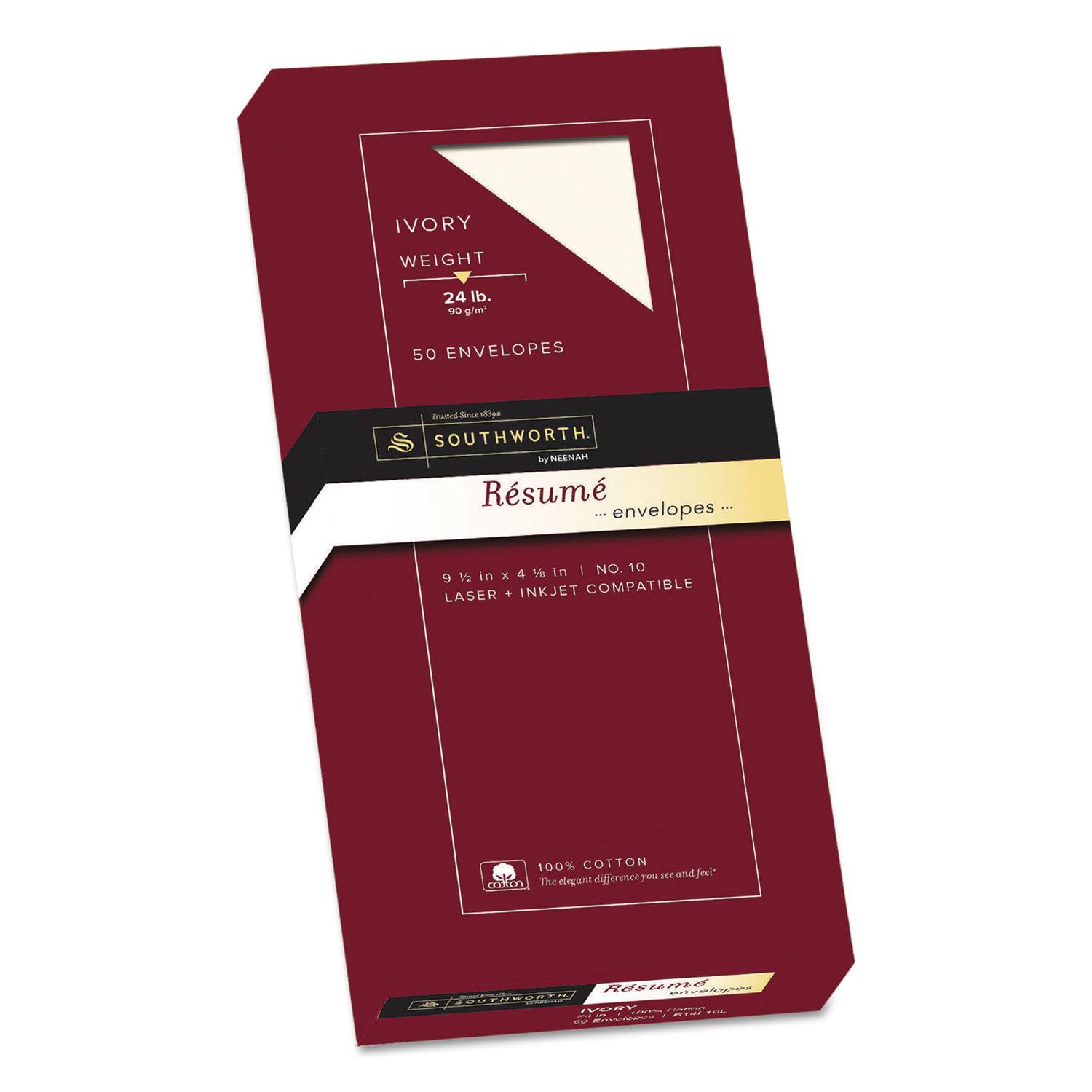 Southworth® 100% Cotton #10 Resume Envelope, 4 1/8 x 9 1/2, Ivory, 24lb, Wove, 50/Box