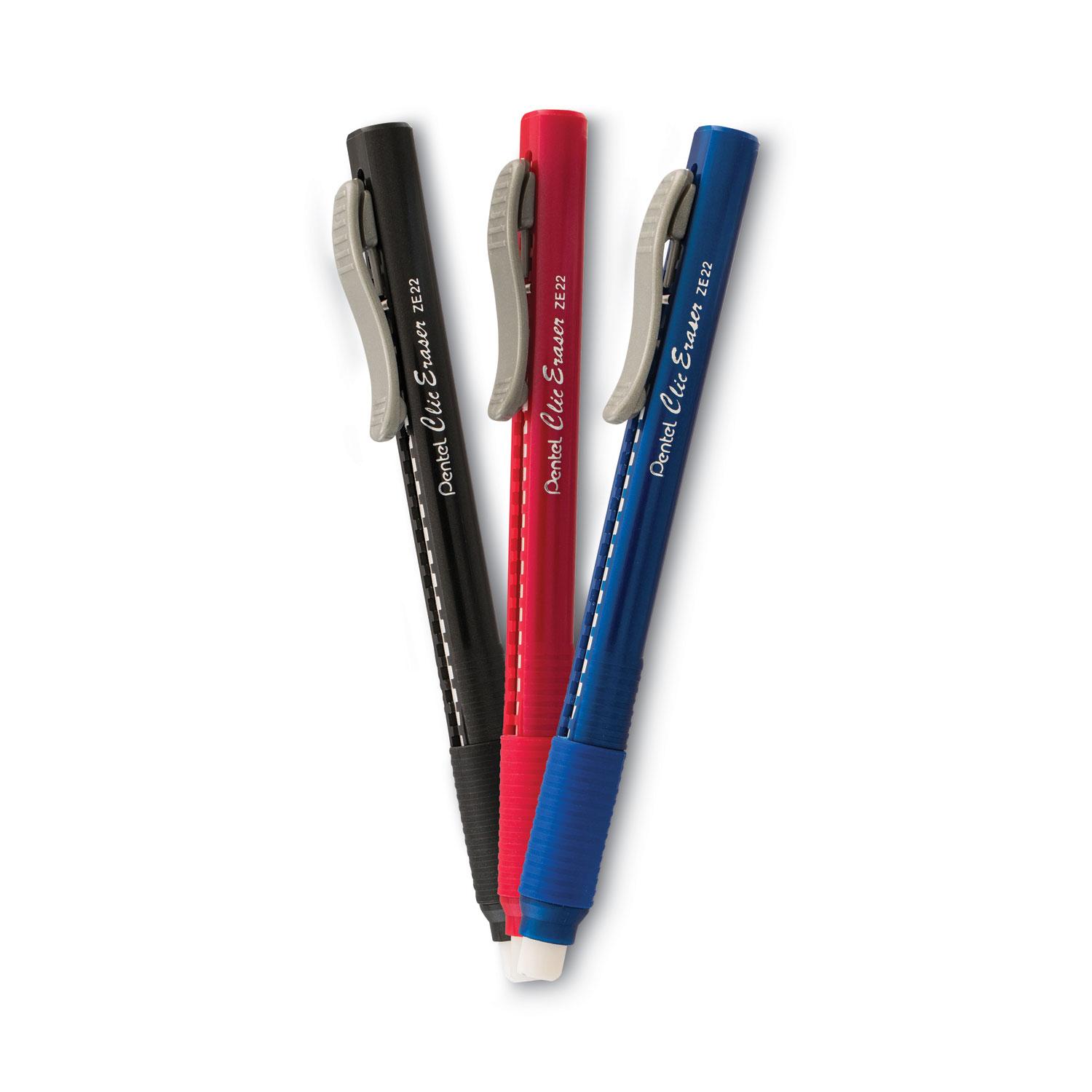 Pentel® Clic Eraser Pencil-Style Grip Eraser, Assorted, 3/Pack
