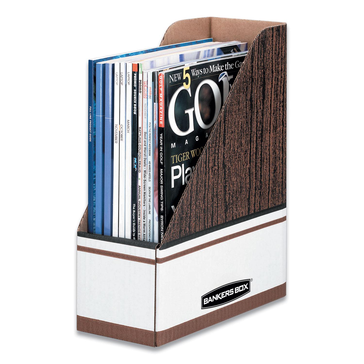 Bankers Box® Corrugated Cardboard Magazine File, 4 x 9 x 11 1/2, Wood Grain, 12/Carton