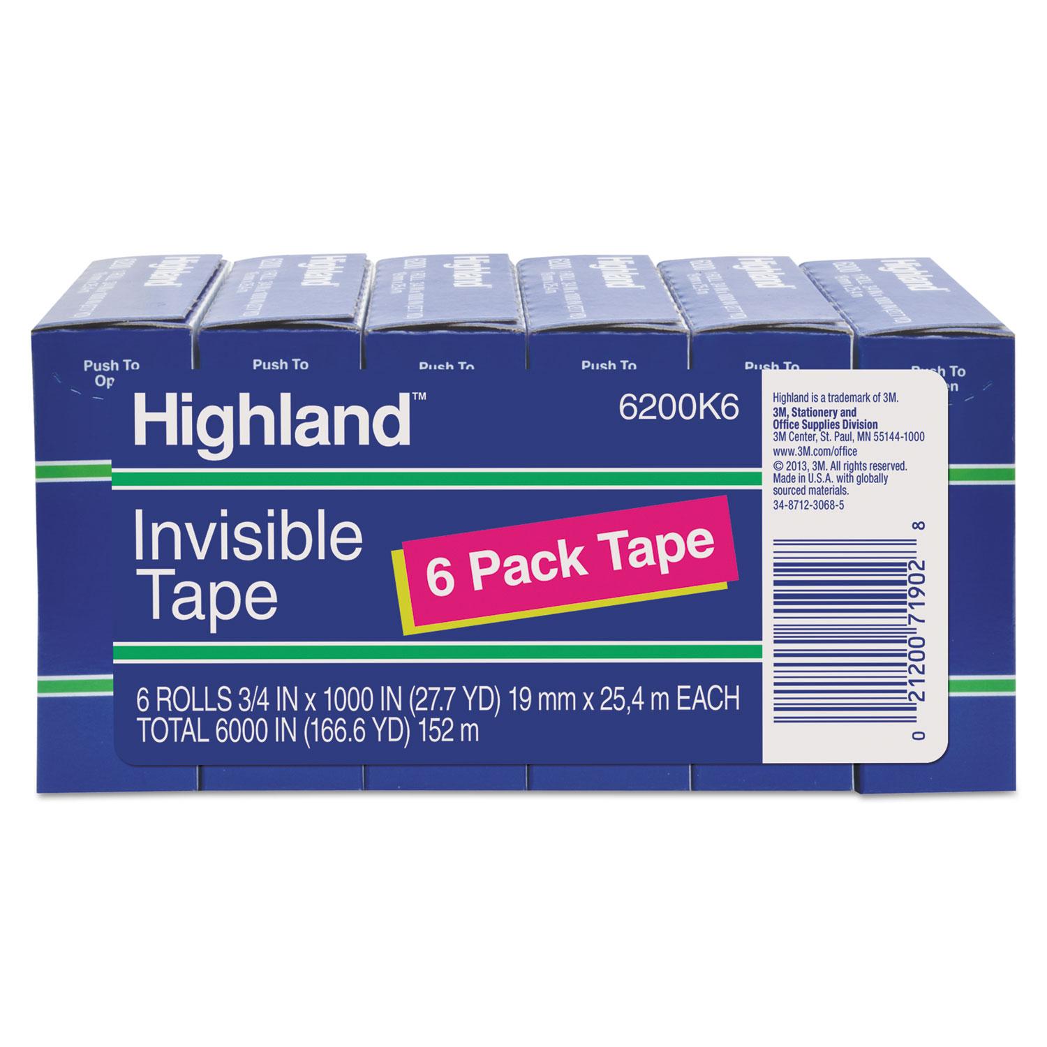 Highland™ Invisible Permanent Mending Tape, 3/4" x 1000", 1" Core, Clear, 6/Pack