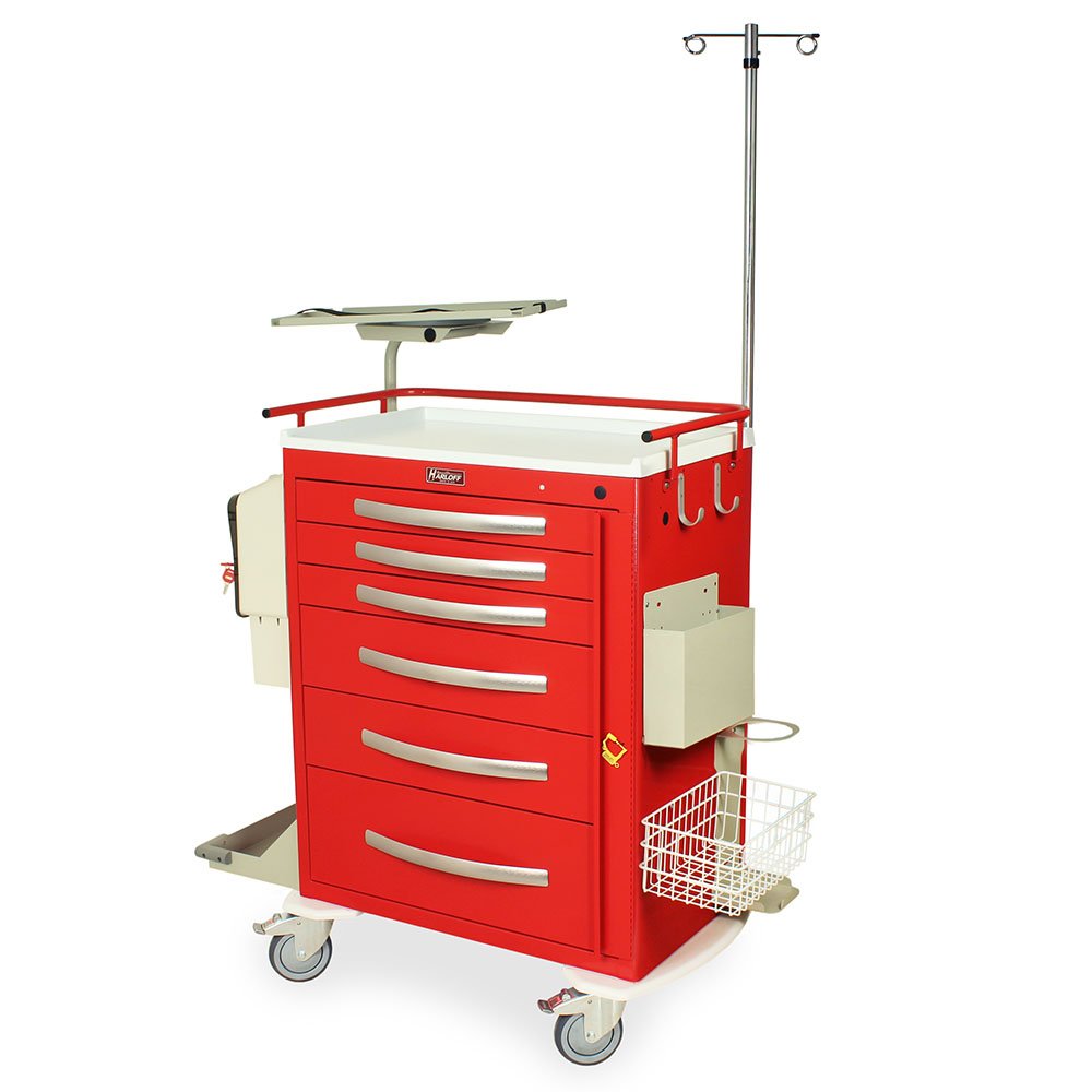 Red A-Series Aluminum Crash Cart with MD30-EMG3 Super Stat Emergency Accessories Package, Tall Height, Standard Width, Six Drawers, Breakaway Lock