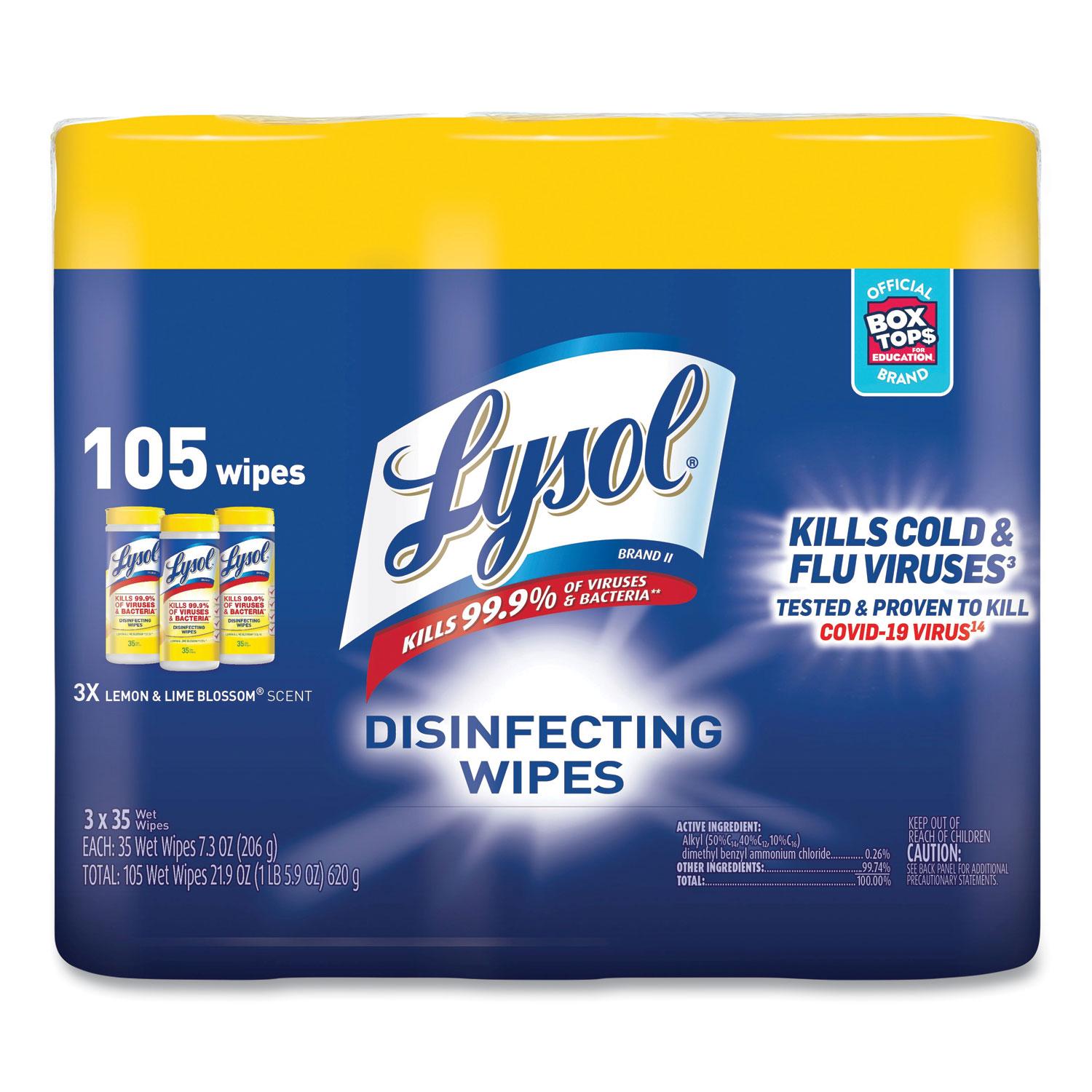 LYSOL® Brand Disinfecting Wipes, 7 x 8, Lemon and Lime Blossom, 35/Canister, 3/Pack