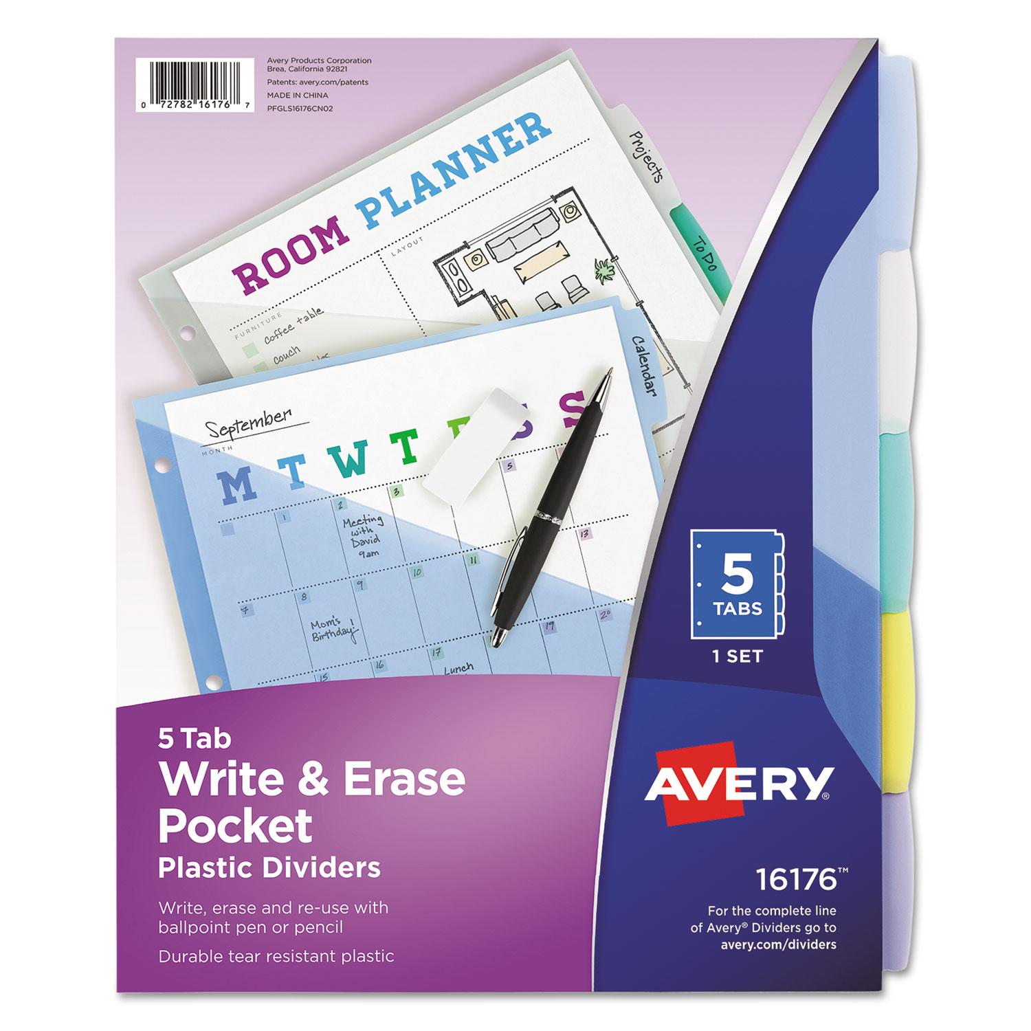 Avery® Write & Erase Big Tab Plastic Dividers w/ Slash Pocket, 5-Tab, Letter
