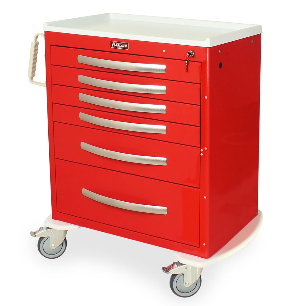 Red A-Series Lightweight Emergency Cart, Medium Height, Standard Width, Six Drawers, Key Lock
