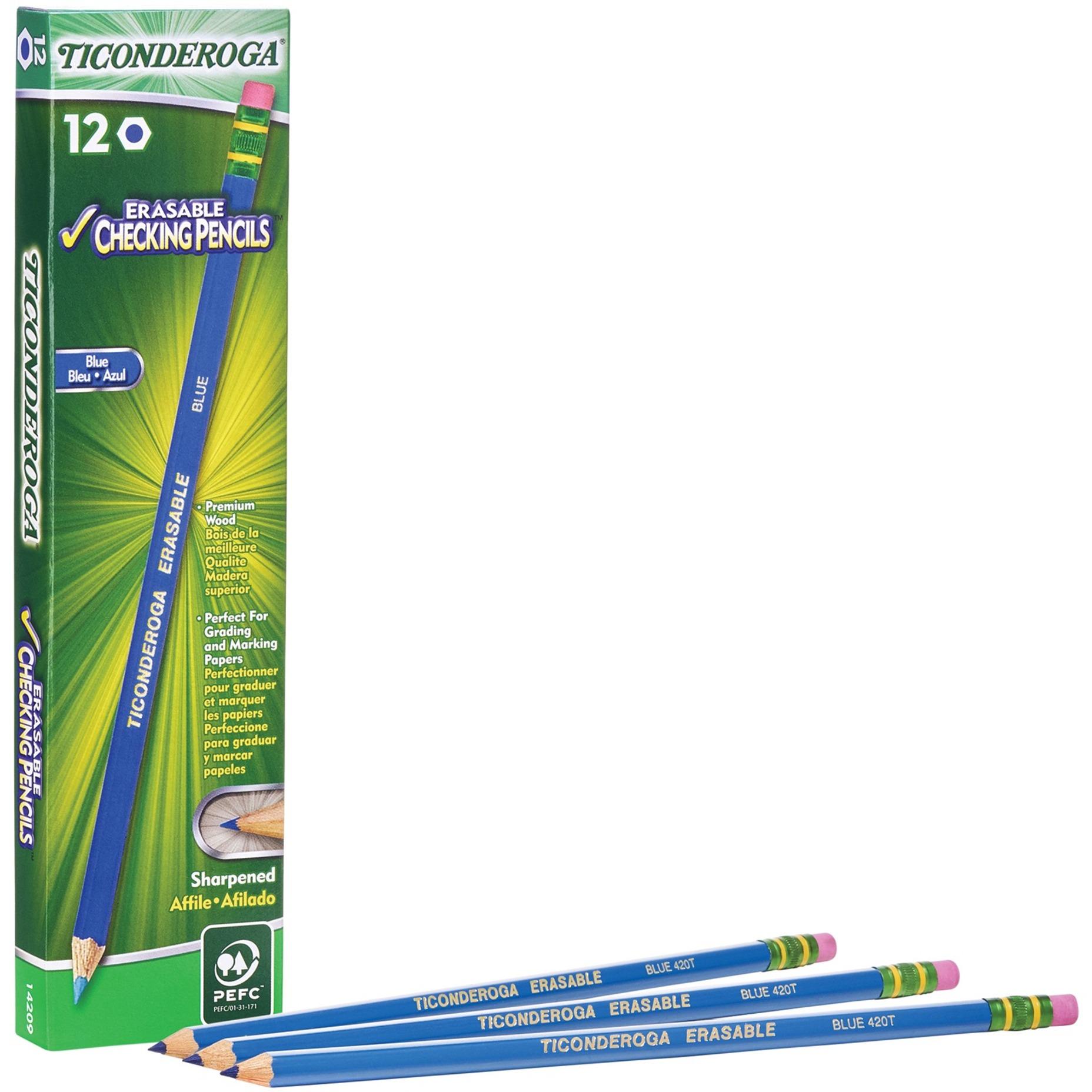 Colored Pencils, w/Eraser, Erasable, HB-Med, 12/DZ, Blue