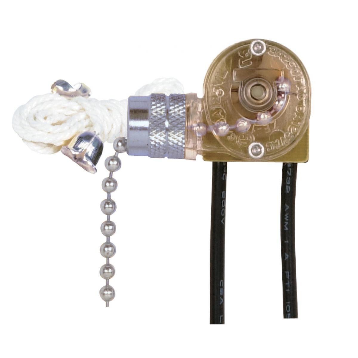 On-Off Canopy Switch; Single Circuit With Metal Chain; White Cord And Bell; 6A-125V, 3A-250V Rating; Nickel Finish