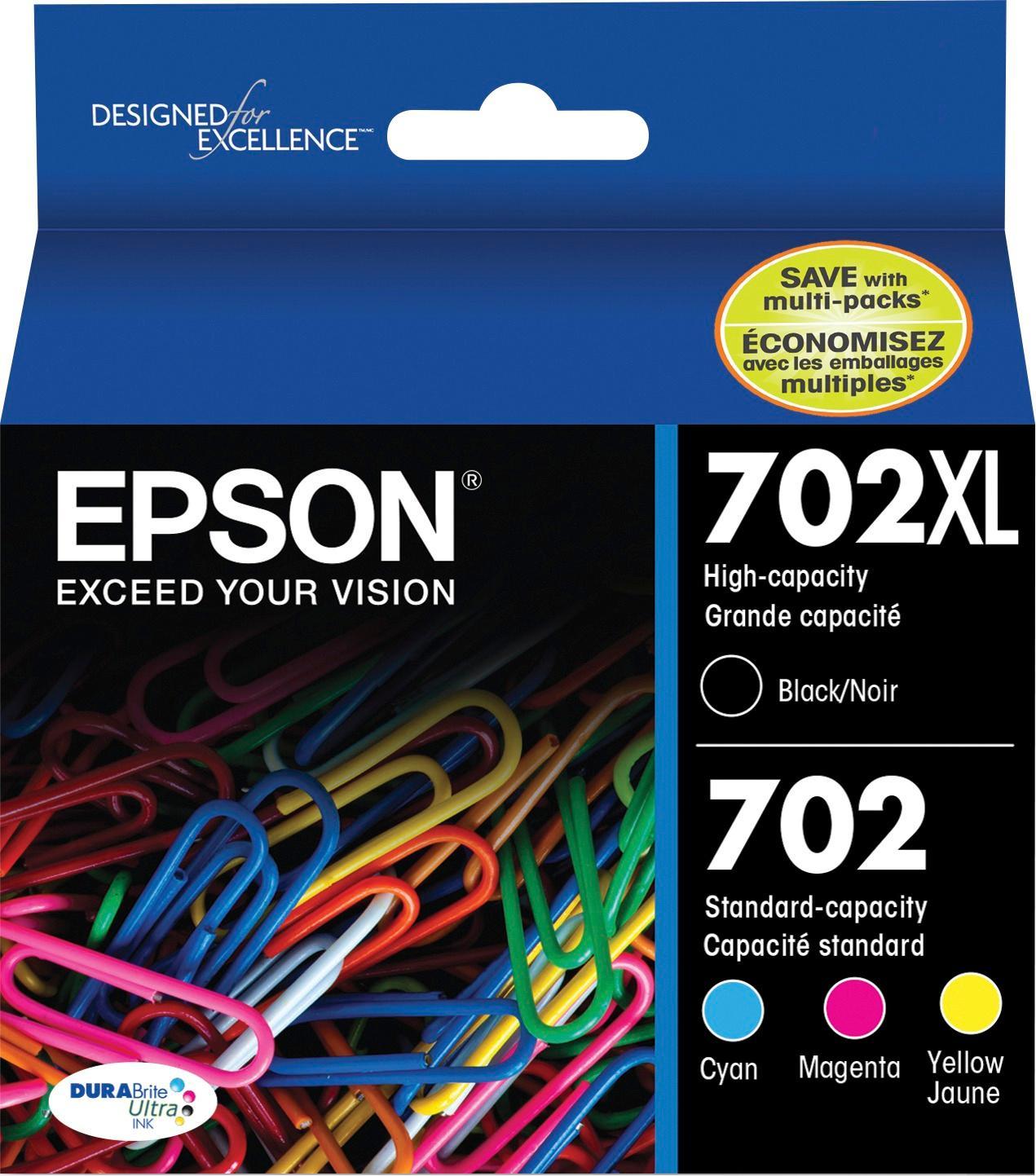 Epson - 702/702XL 4-Pack High-Yield - Black and Standard Capacity - Cyan/Magenta/Yellow Ink Cartridges - Cyan/Magenta/Yellow/Black