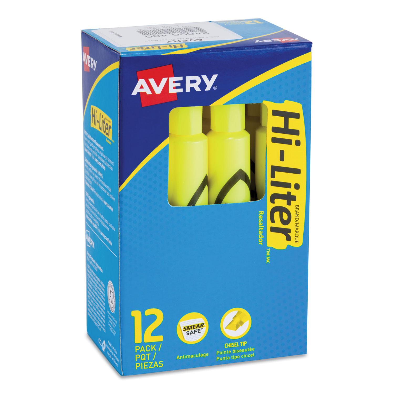 Avery® HI-LITER Desk-Style Highlighter, Chisel Tip, Fluorescent Yellow Ink, Dozen
