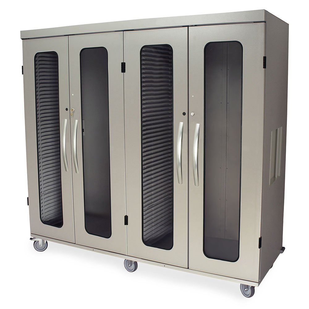 Sand Colored Quad Column Medical Storage Cabinet with Double Wide Open Columns, Glass Doors, Key Lock