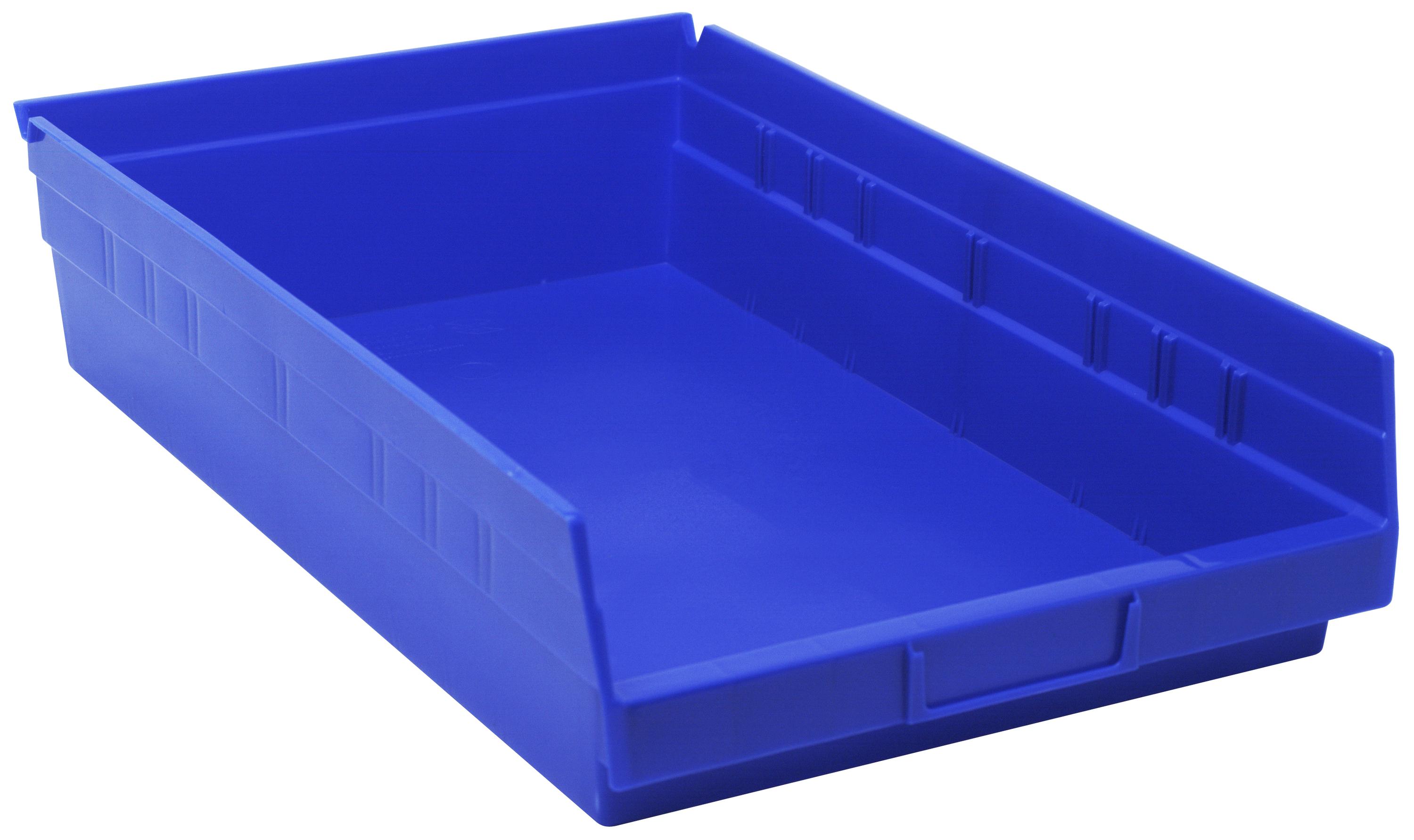Economy Shelf Bin, Nesting, 17-7/8"W x 11-1/8"D x 4"H, Includes (7) divider slots, Rear hanglock, Molded-in label holder, Bin Color Blue, Made in USA, Case of 8