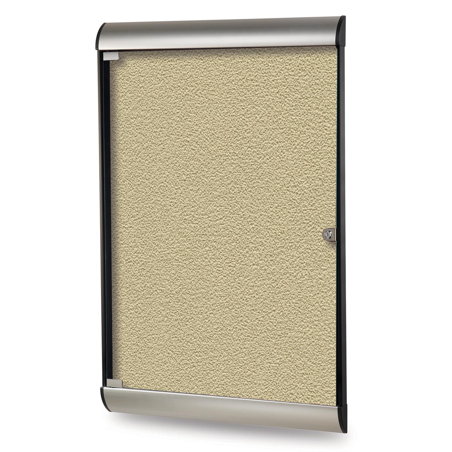 42" x 28" 1-Door Silhouette Enclosed Bulletin Board, Satin & Black Frame with Vinyl Fabric - Caramel