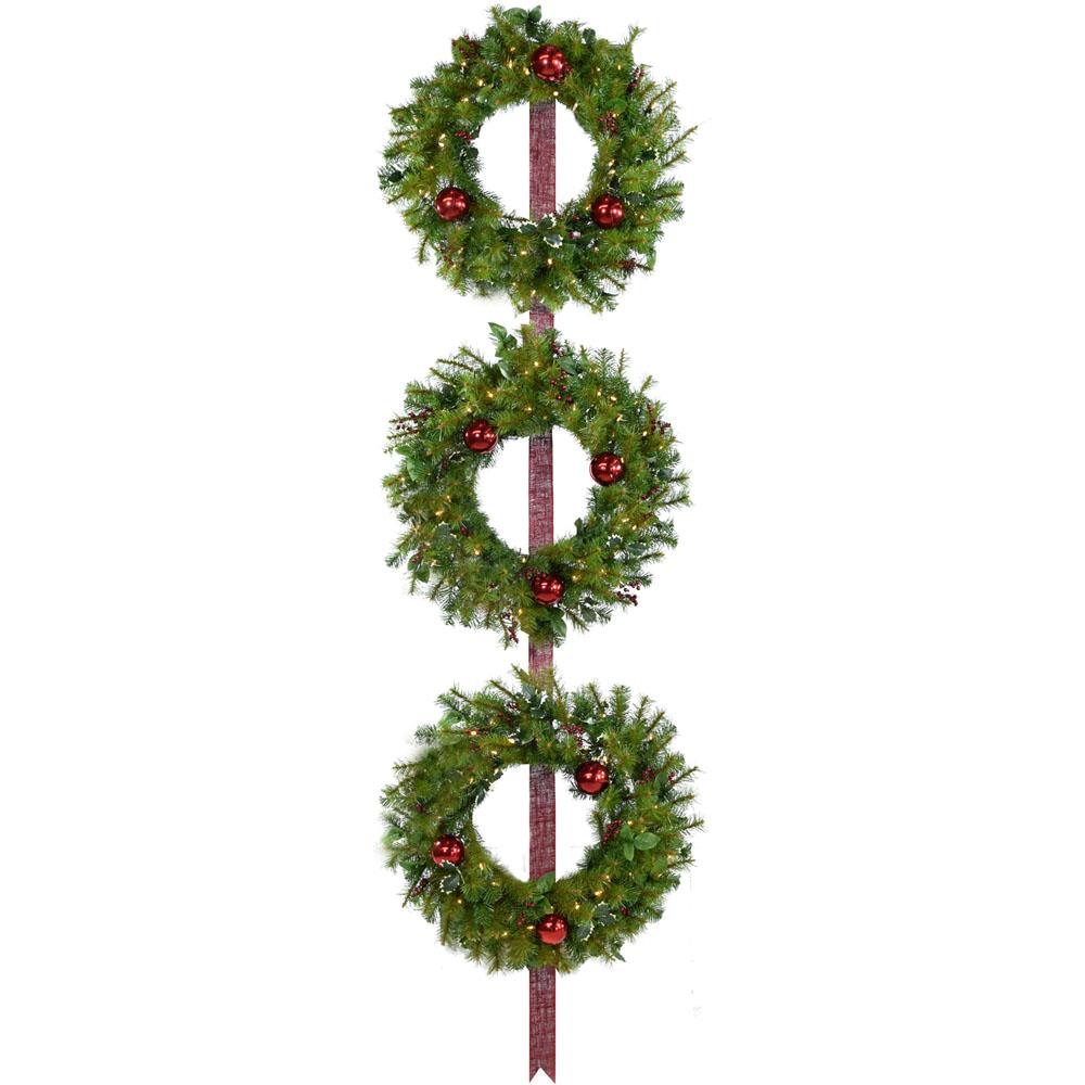 Set of 3 Holly Berry 24-In. Wreaths with Ornaments and 150 Battery-Operated LED Lights for Indoor and Outdoor Displays