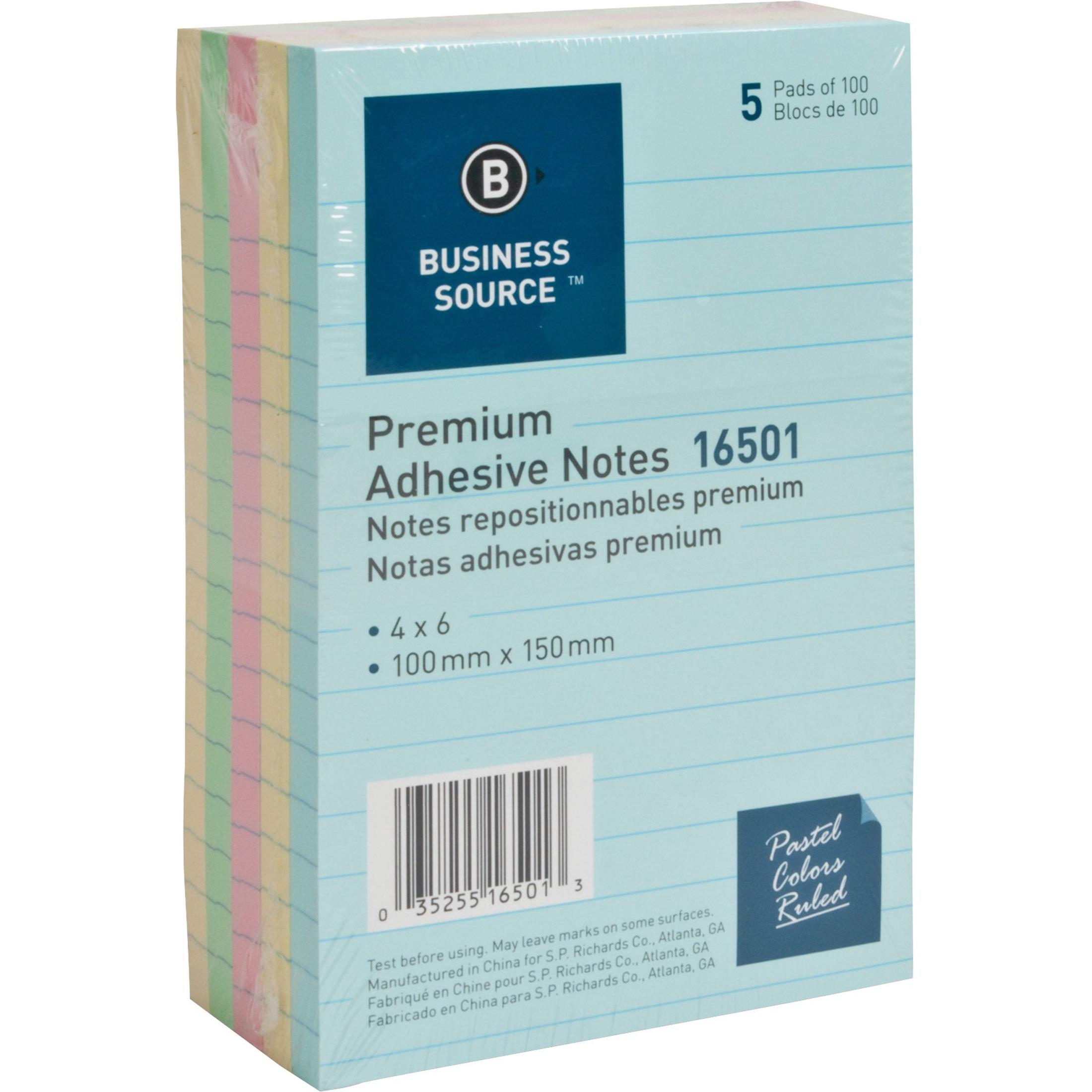 Adhesive Notes, Ruled, 4"x6", 100 Sh/PD, 5/PK, Pastel AST