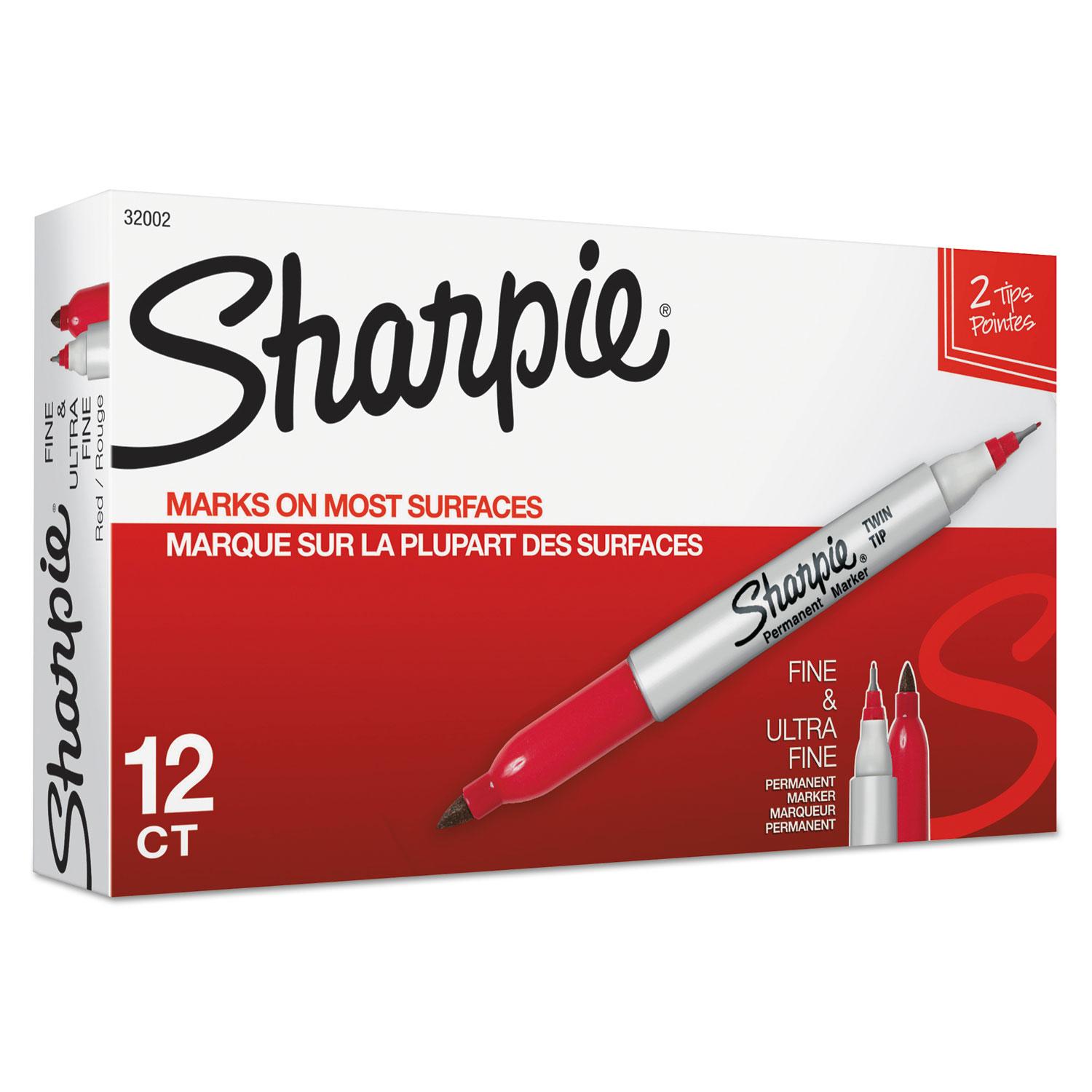 Sharpie® Twin-Tip Permanent Marker, Fine/Ultra-Fine Bullet Tips, Red, Dozen