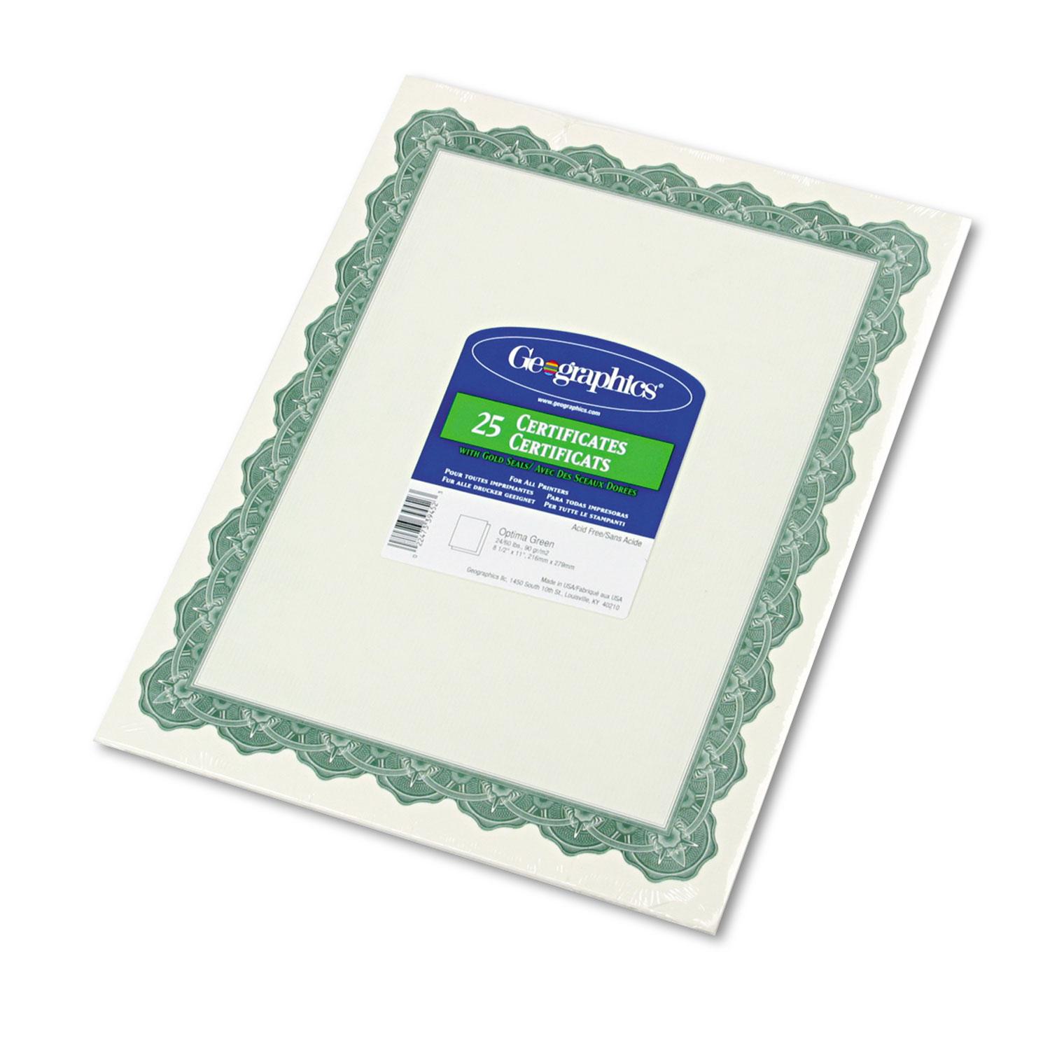 Geographics® Parchment Paper Certificates, 8-1/2 x 11, Optima Green Border, 25/Pack