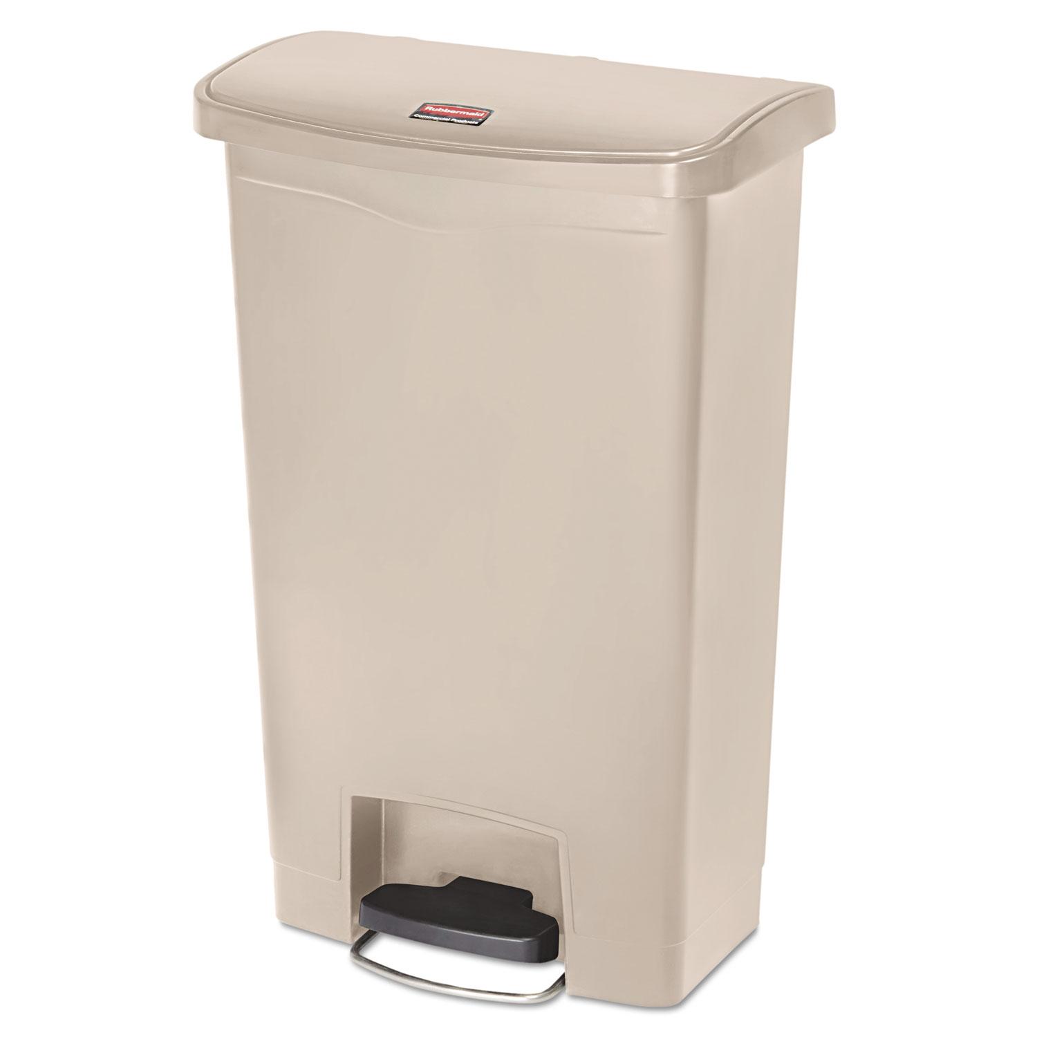 Rubbermaid Slim Jim Waste Receptacle, 13 Gallon, Front Step On, Plastic, With Liner - Receptacle Color: Beige