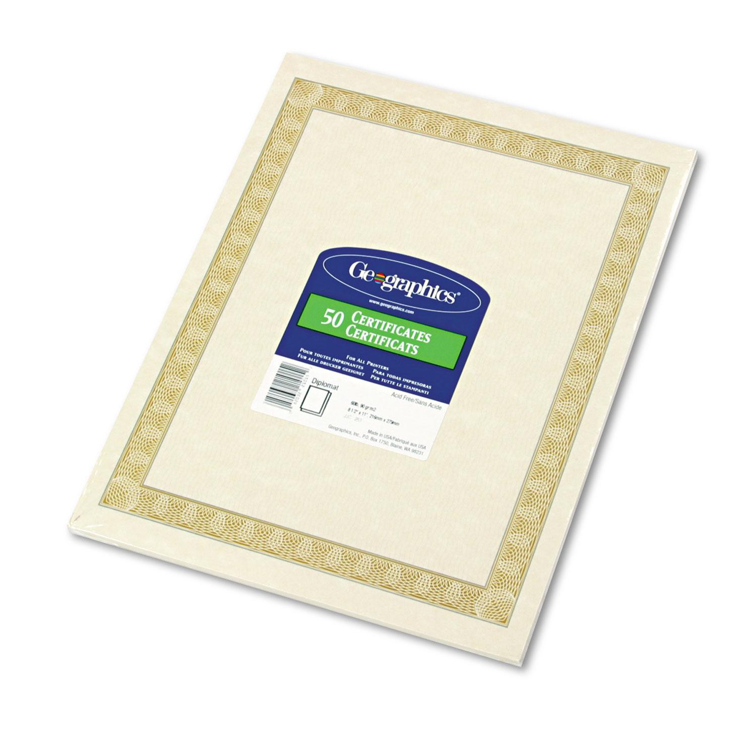 Geographics® Parchment Paper Certificates, 8-1/2 x 11, Natural Diplomat Border, 50/Pack
