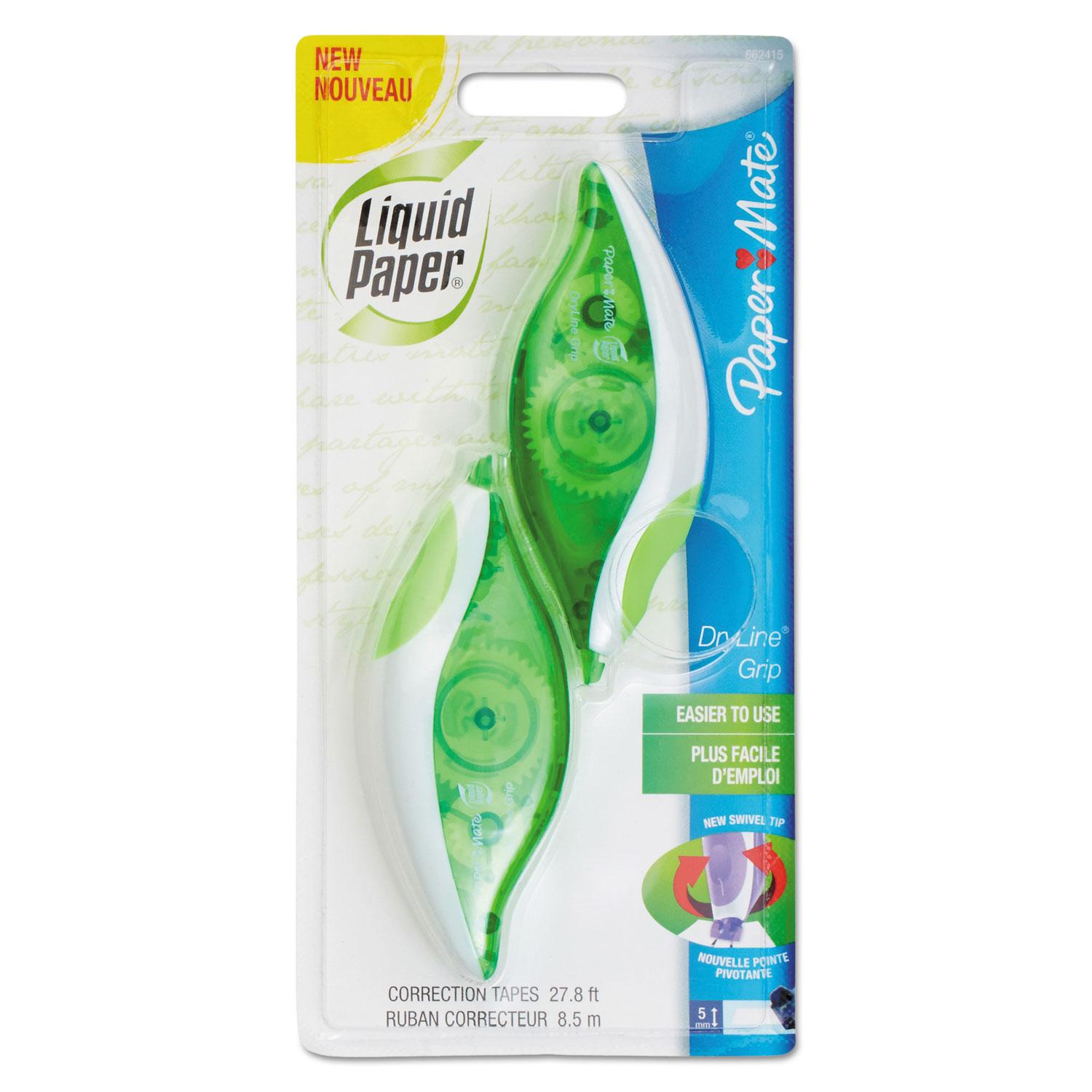 Paper Mate® Liquid Paper® DryLine Grip Correction Tape, Non-Refillable, 1/5" x 335", 2/Pack