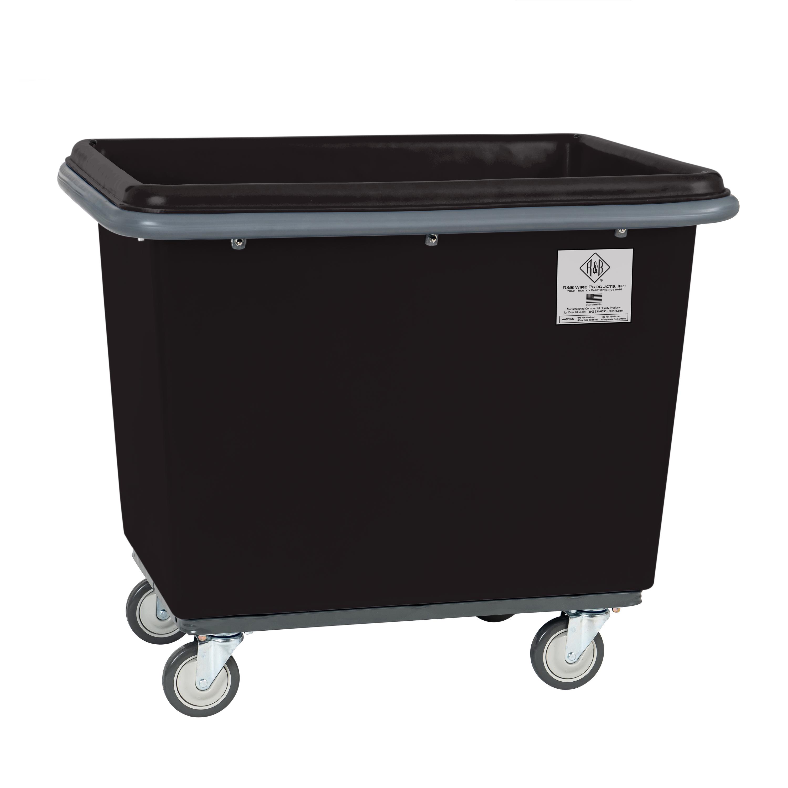 R&B Wire™ 10 Bushel Poly Cube Truck with Air Cushion Bumper and Steel Base, All Swivel Casters, Black