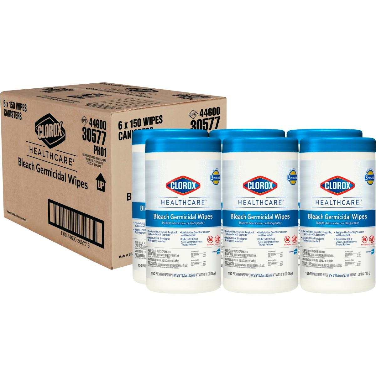 Clorox Healthcare Bleach Germicidal Wipes, 150 Count Canister, Pack of 6 (30577)