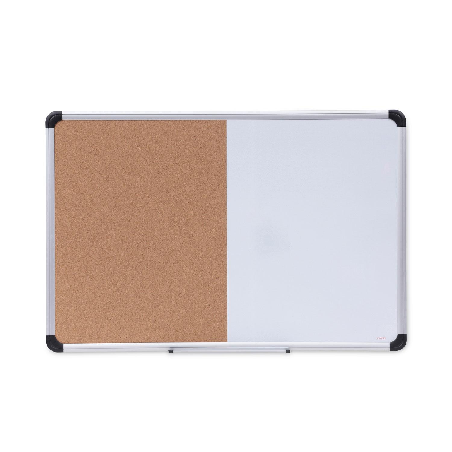 Universal® Cork/Dry Erase Board, Melamine, 36 x 24, Black/Gray, Aluminum/Plastic Frame