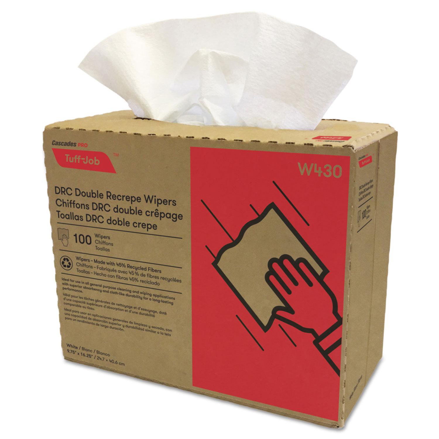 Cascades PRO Tuff-Job Double Recrepe Wipers, 9 3/4 x 16 1/2, White, 100/Box, 8 Box/Carton