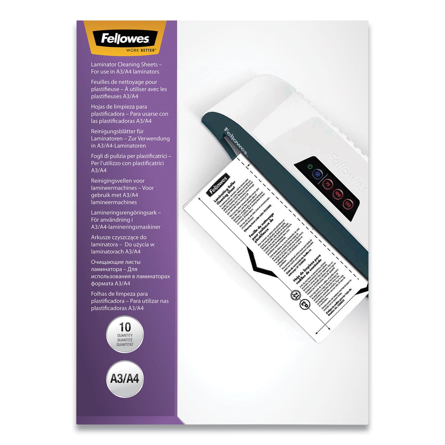 Fellowes® Laminator Cleaning Sheets, 3-10mil, 8 1/2 x 11, 10/Pack