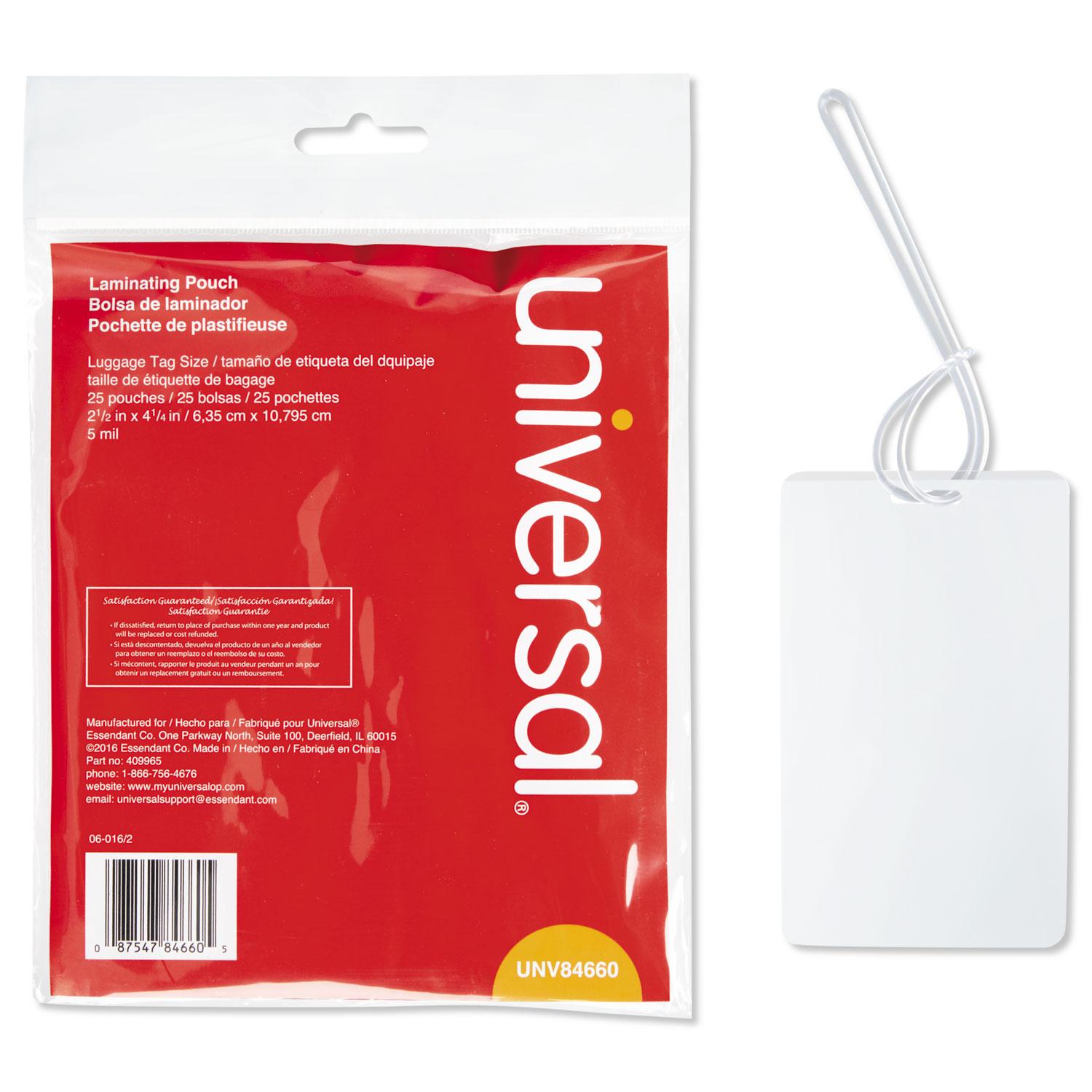 Universal® Clear Laminating Pouches, Luggage Tag Style, 5 mil, 2 1/2 x 4 1/4, 25/Pack