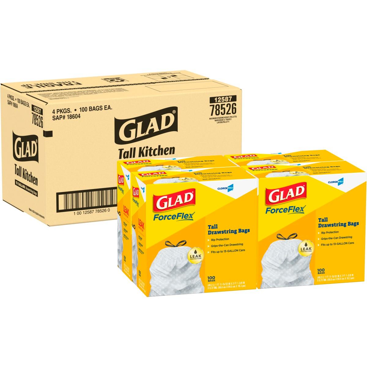 CloroxPro Glad  ForceFlex Tall Kitchen Drawstring Trash Bags, 13 Gallon White Trash Bag, 100 Count (78374)