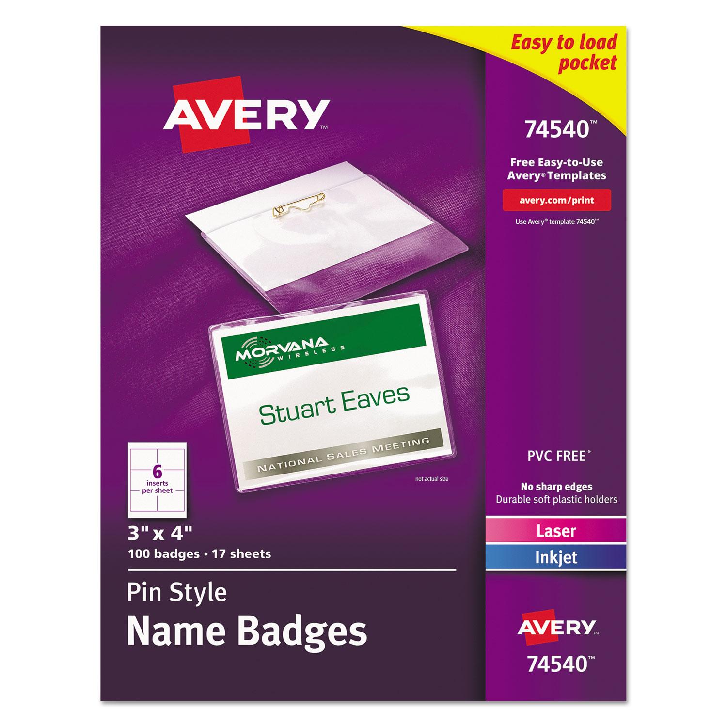 Avery® Pin-Style Name Badge Holders w/Inserts, Top Load, 3 x 4, White, 100/Box