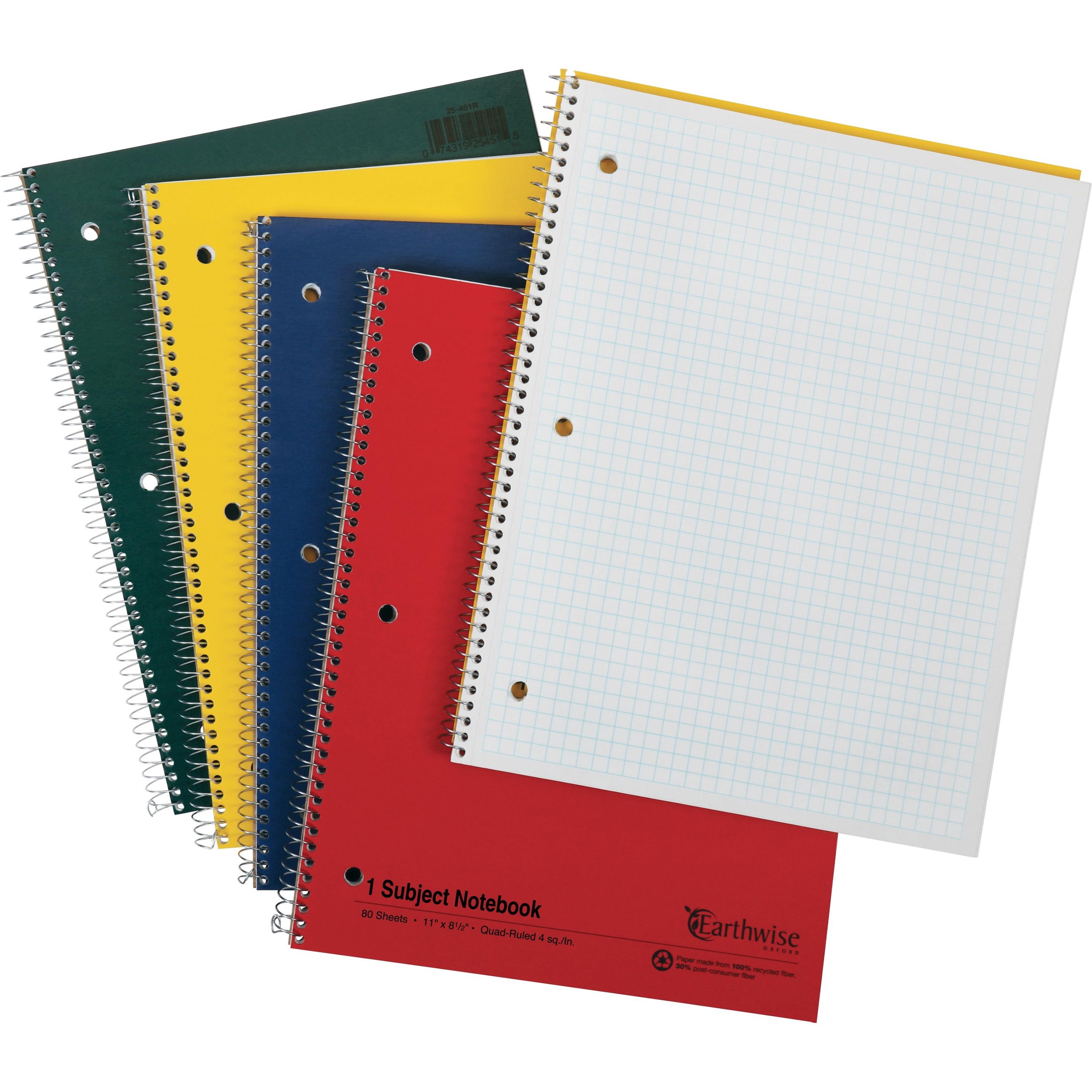 Wirebound Notebook, Quad Rld, 3-H, 8-1/2"x11", 80Shts, Ast
