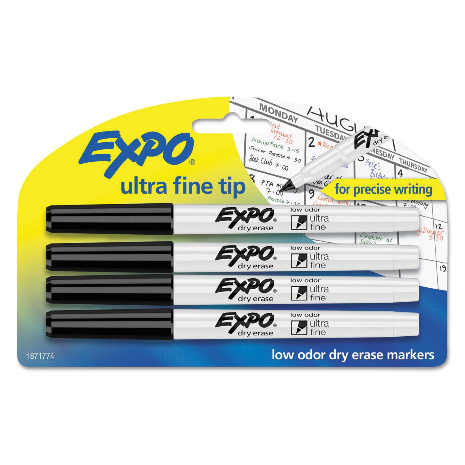 EXPO® Low-Odor Dry-Erase Marker, Ultra Fine Point, Black, 4/Pack