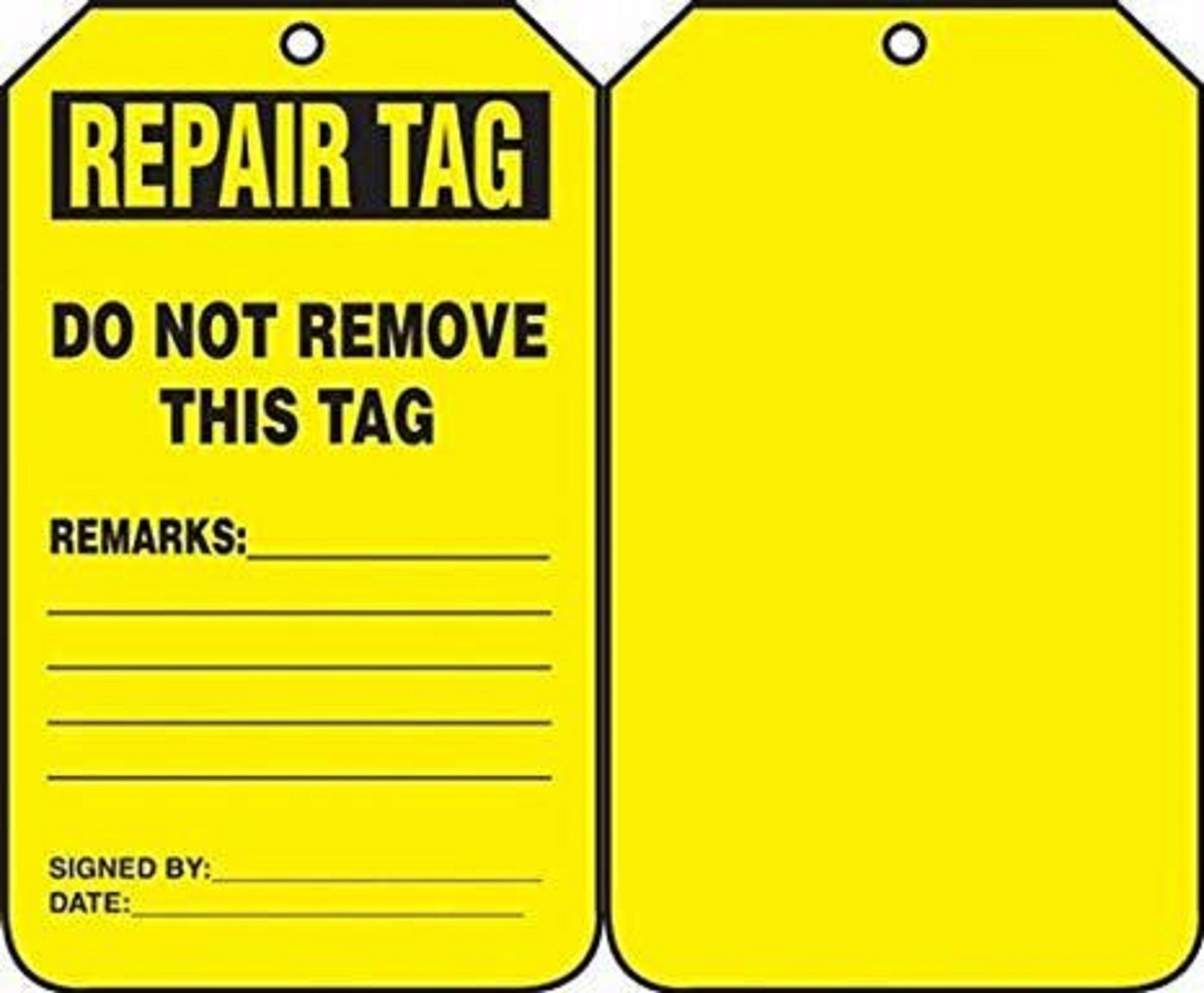 Repair Tags, Black on Yellow, Cardstock, 25/PK