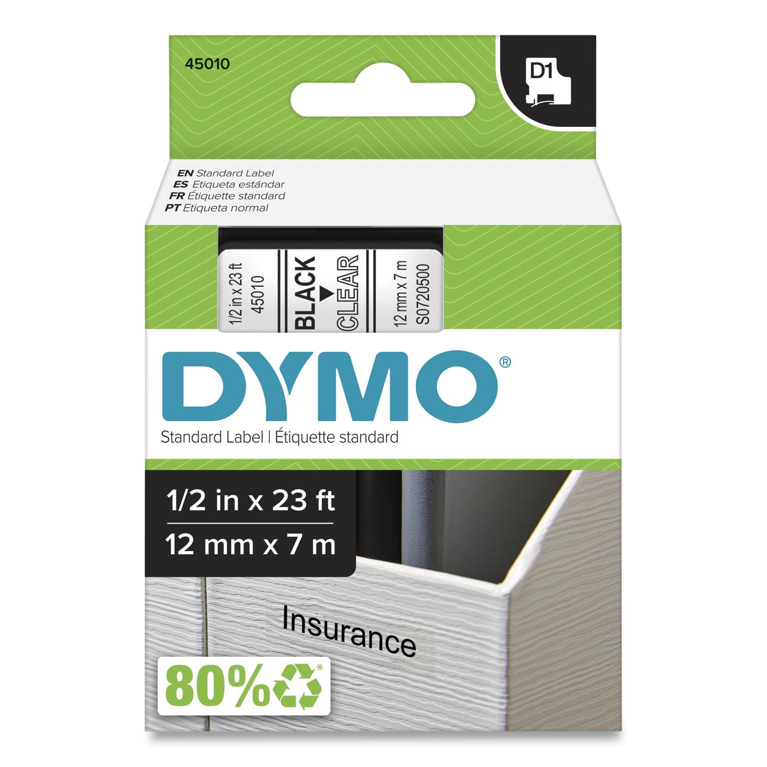 DYMO® D1 High-Performance Polyester Removable Label Tape, 1/2" x 23 ft, Black on Clear