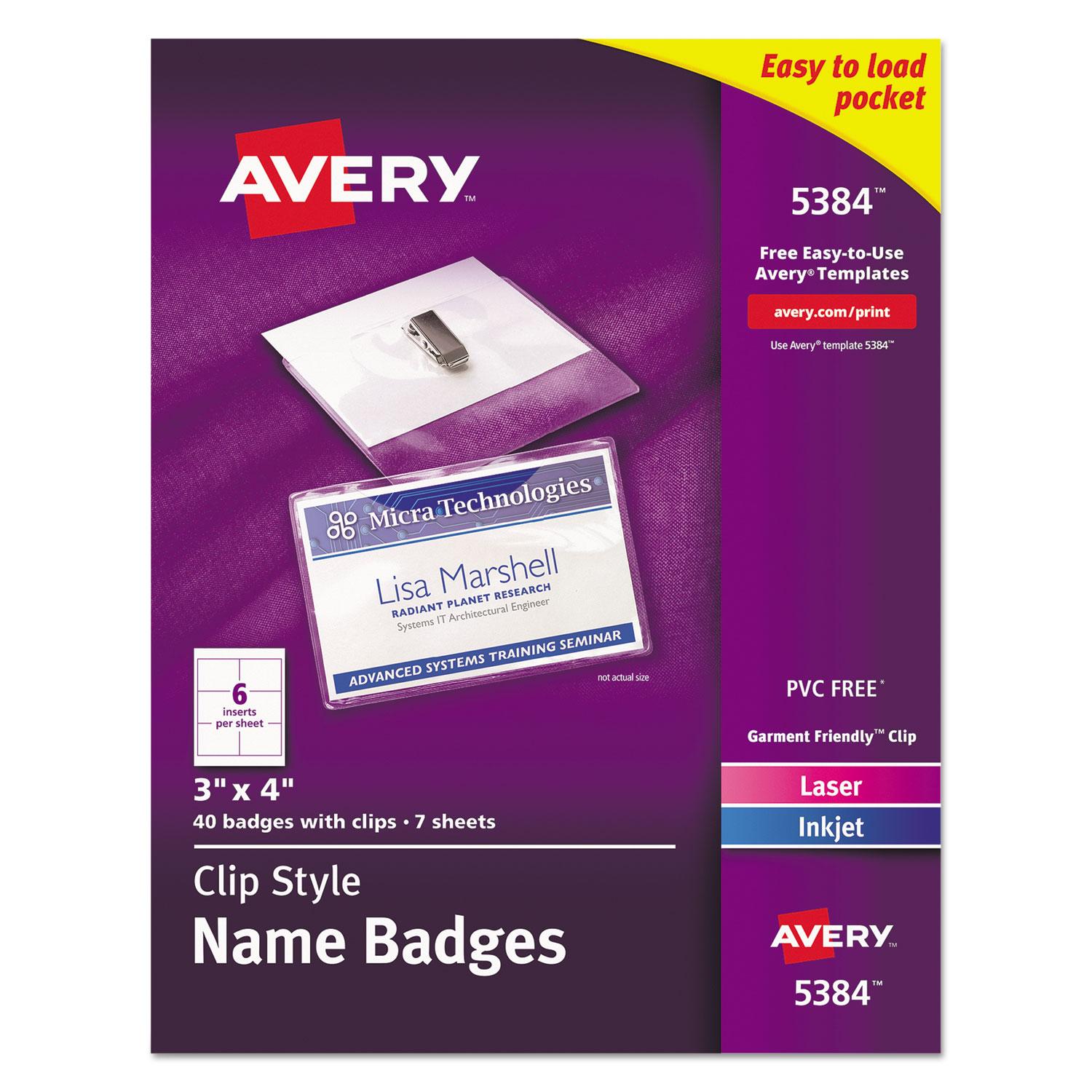 Avery® Clip-Style Name Badge Holders w/Inserts, Top Load, 3 x 4, White, 40/Box