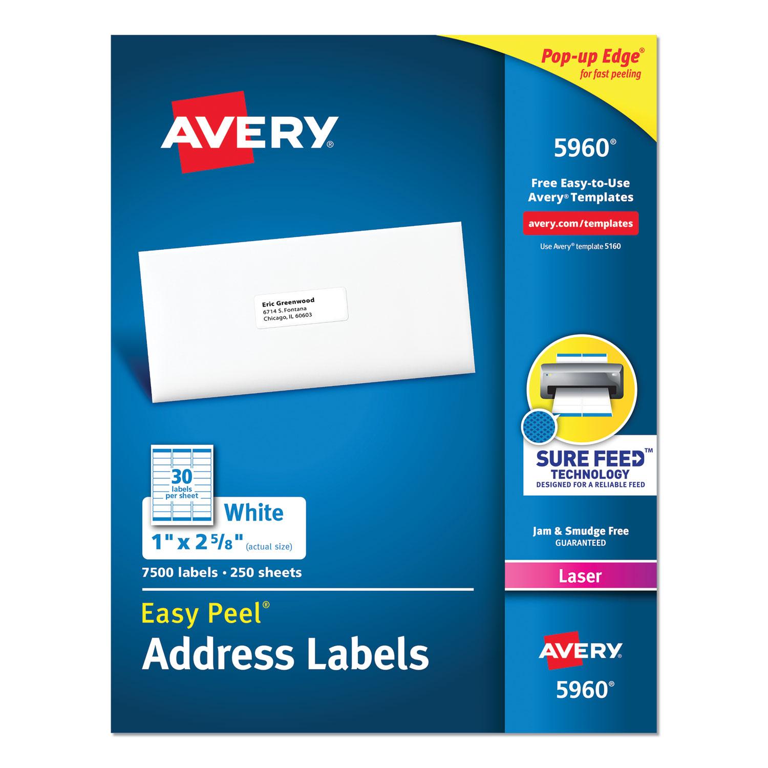 Avery® Easy Peel Mailing Address Labels, Laser, 1 x 2 5/8, White, 7500/Box