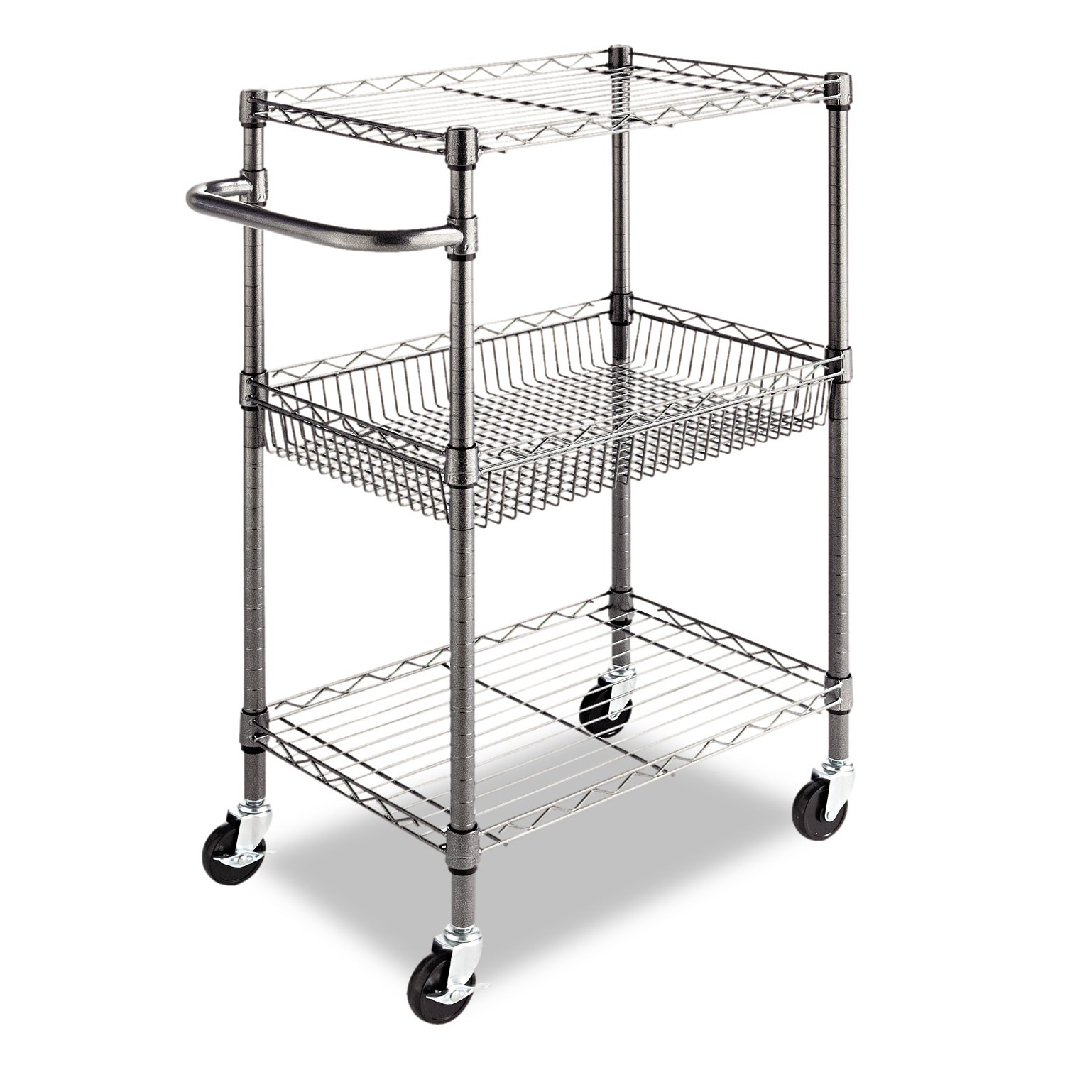 Three-Tier Wire Cart with Basket, 28w x 16d x 39h, Black Anthracite