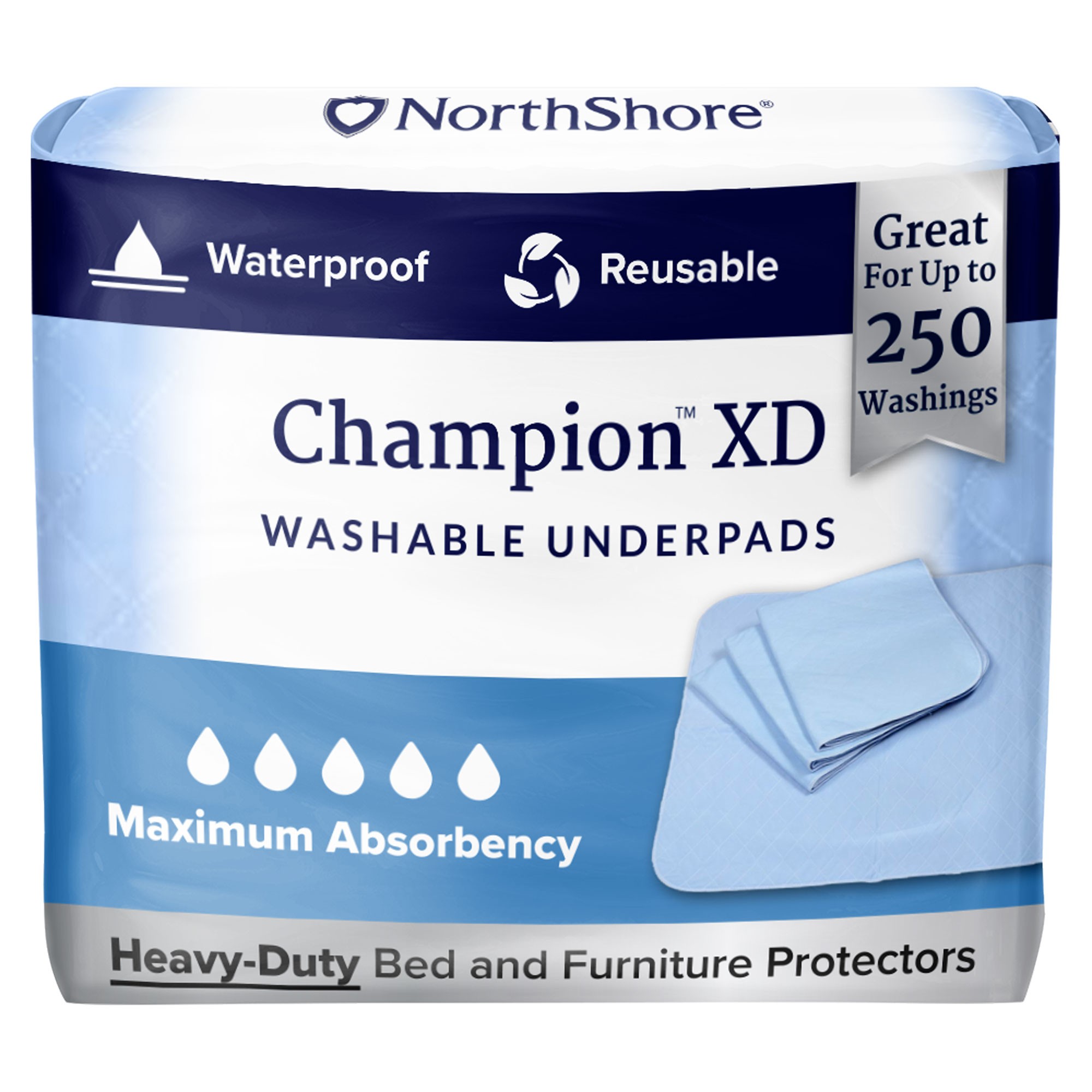 NorthShore Champion™ XD Washable Underpad, Blue, Large, 34" x 36", Pack of 1