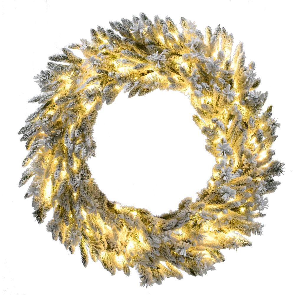 36" Silverado Pine White Flocked Wreath with Attached Pinecones and Warm White LED Lights