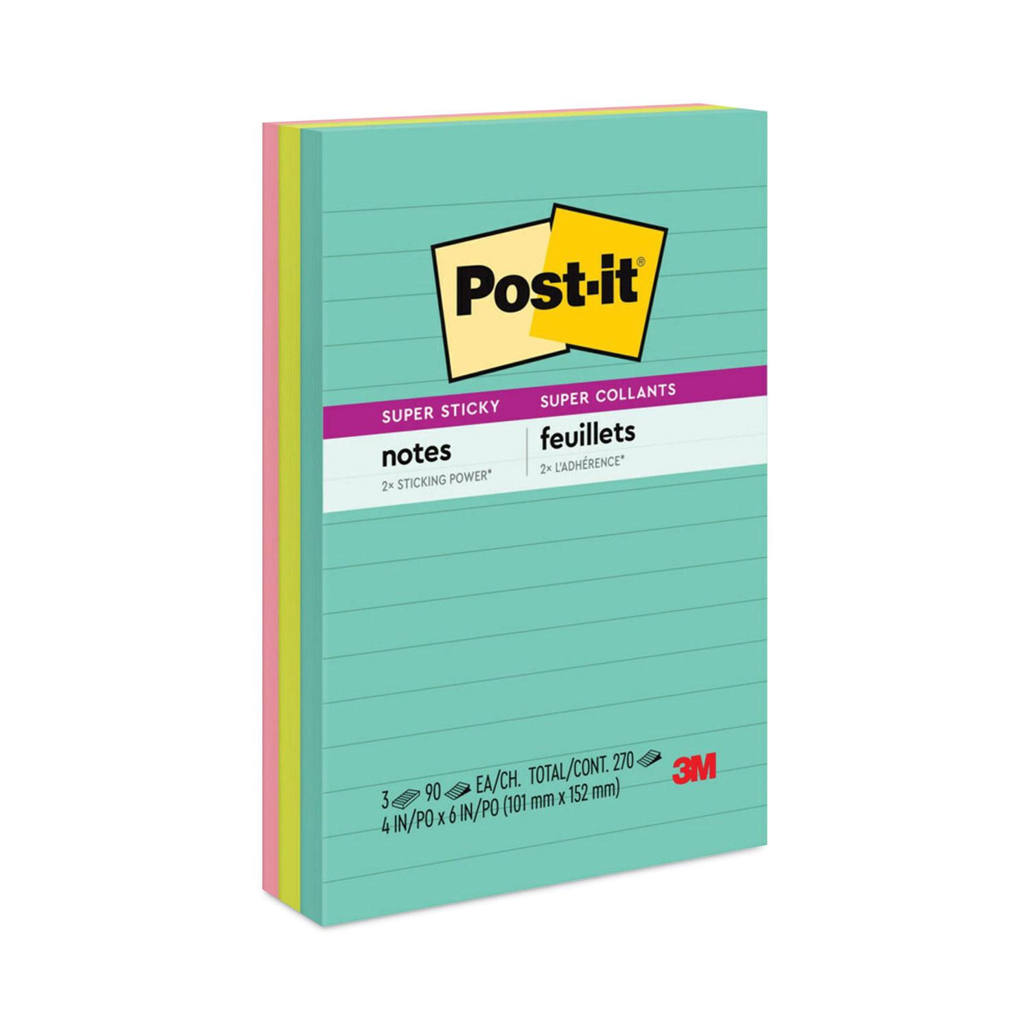 Post-it® Notes Super Sticky Pads in Miami Colors, 4 x 6, 90/Pad, 3 Pads/Pack