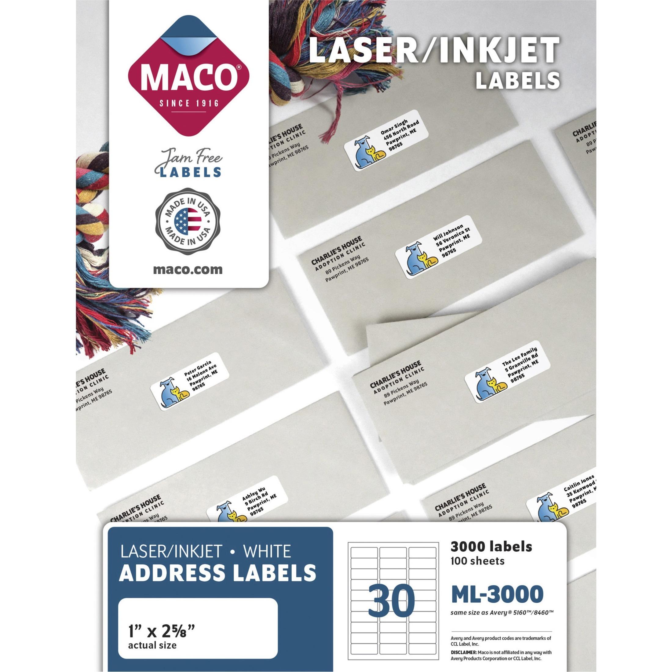 Address Labels, 1"x2-5/8", 3000/BX White
