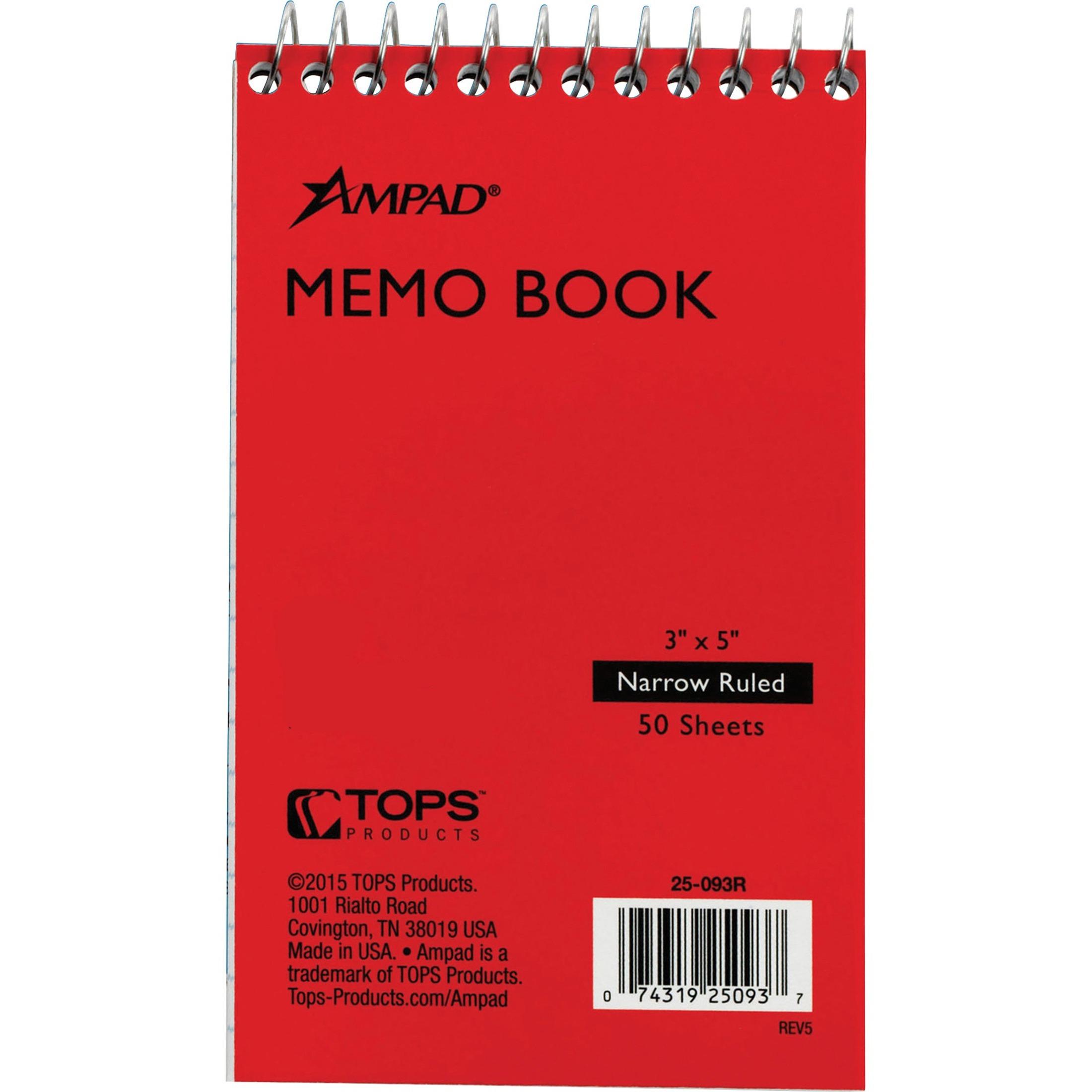 Memo Notebook, Top Spiral, Narrow Rld, 50 Shts, 3"x5", Ast